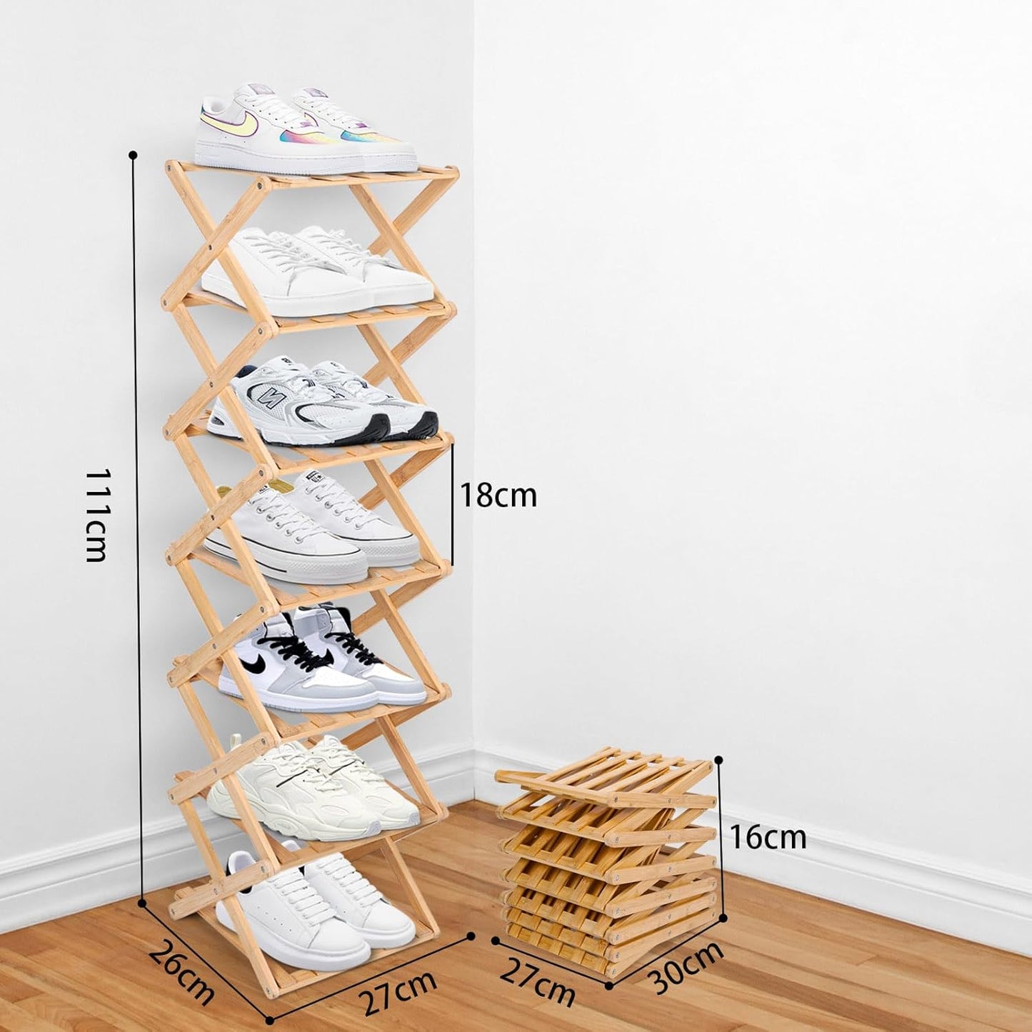 Vertical Narrow Shoe Rack, 7 Tier Portable Folding Shoe Storage Rack, Without Installation Free Standing Shoe Rack for Corridors, Bedrooms Living Room Corner and Small Spaces (7 Tier)
