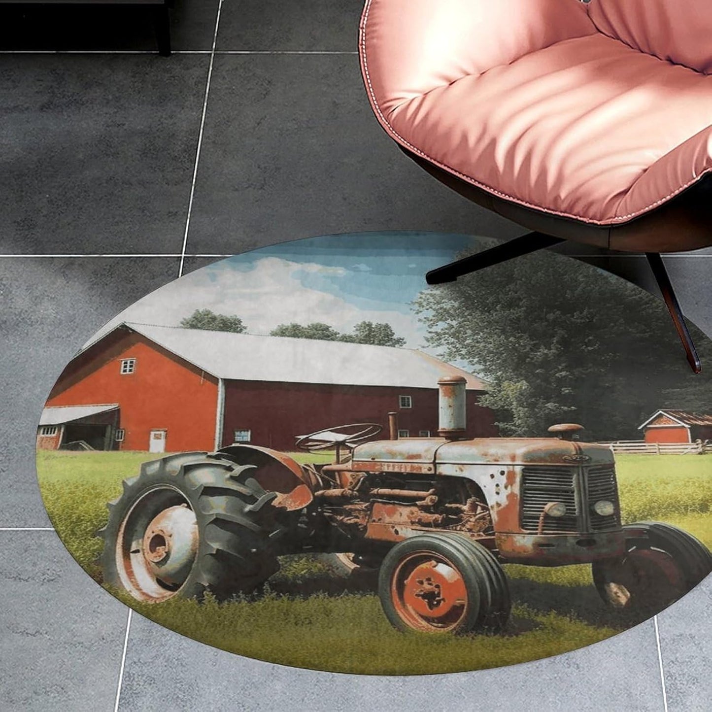 Company Farm Tractor Circle Rug Retro Luxury Coral Velvet Floor Mat Non Slip Soft Indoor Floor Carpet Comfy Thickened Area Rugs Modern Aesthetic Minimalist Carpets for Home Decor