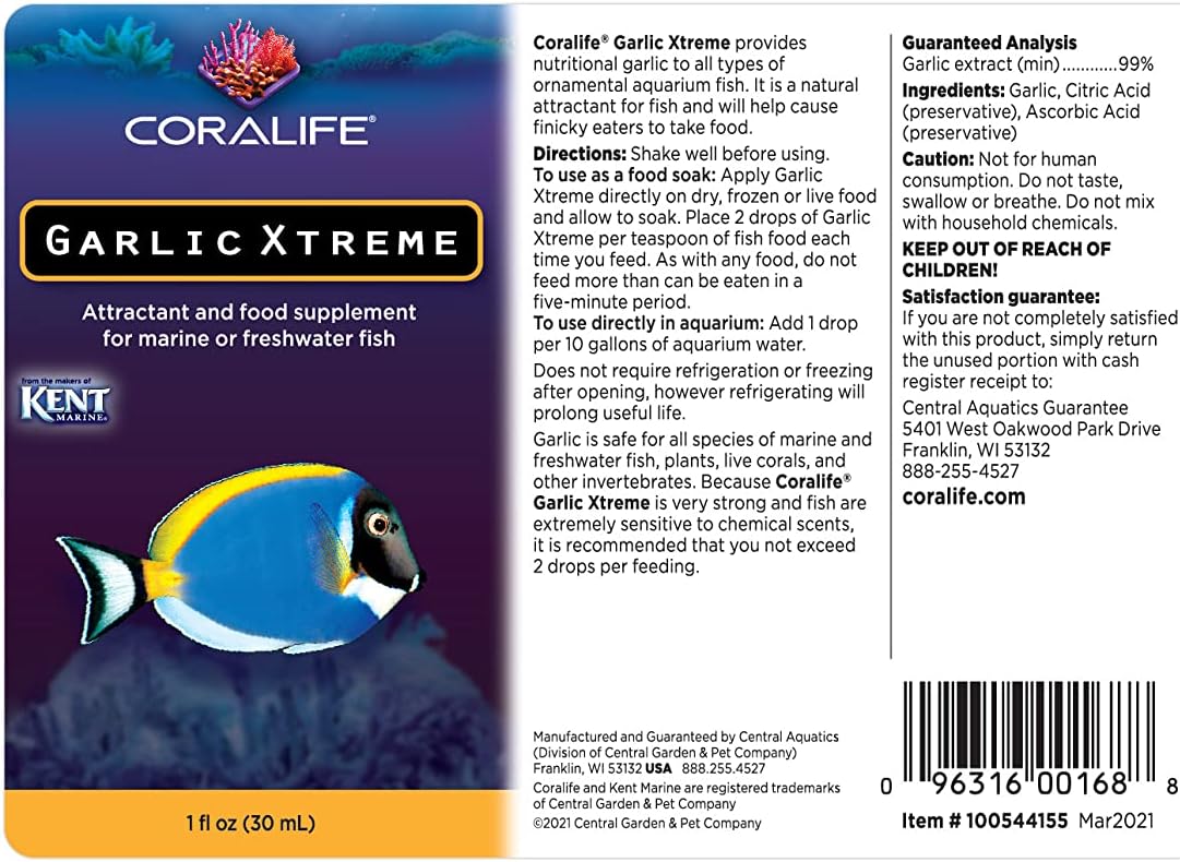 Coralife Fish Tank Aquarium Garlic Xtreme Attractant and Food Supplement for Saltwater Marine or Freshwater Fish, 1 oz