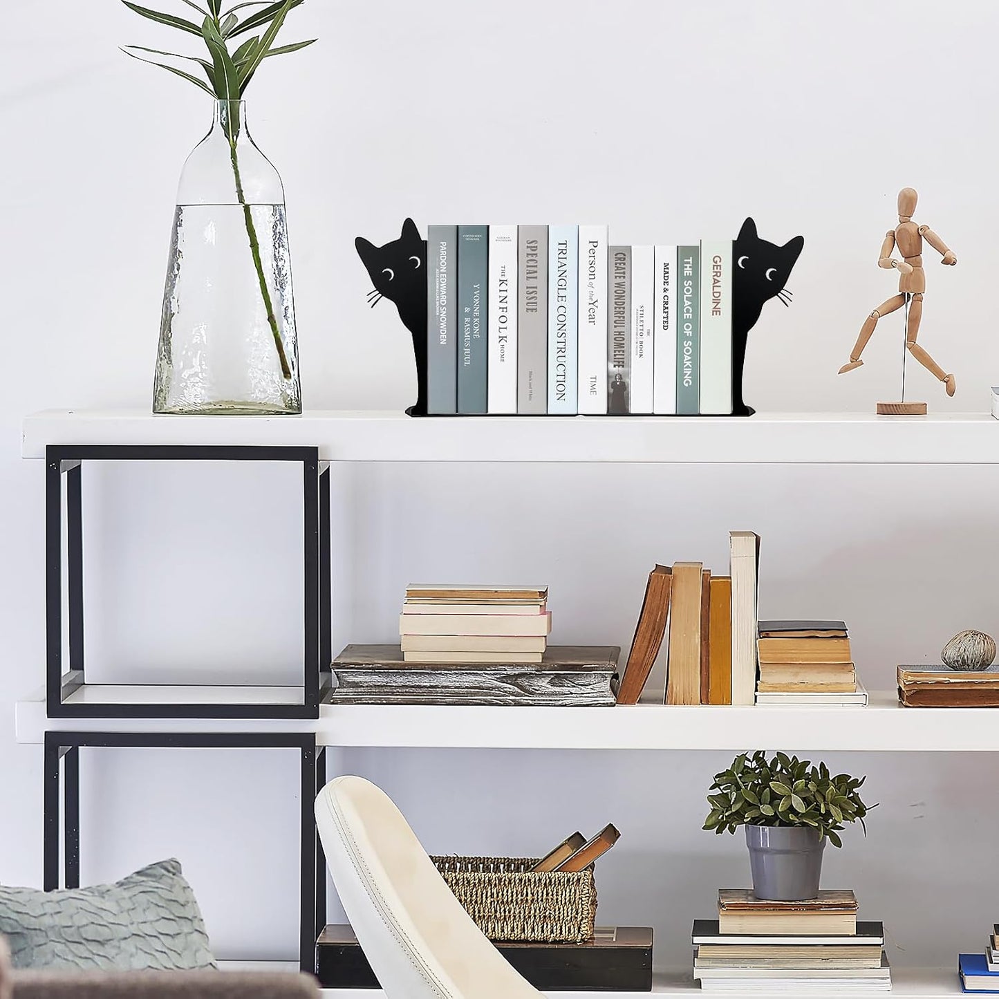 Peeping Cat Bookends,Metal Book Ends for Heavy Books for Shelves Decorative,Bookshelf Decor Home Office Desk for Cat Lover Gifts (Black Cat)