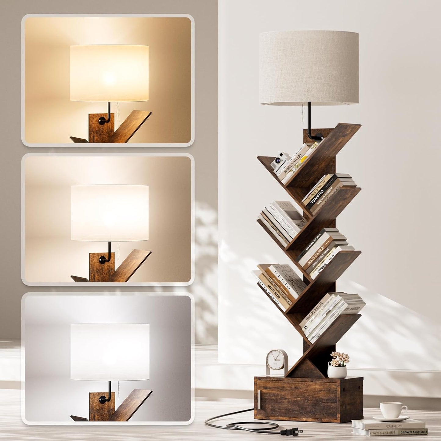 Tree Bookshelf with Light, 6 Tier Narrow Bookcase with Storage Cabinet, Tall Corner Book Shelf for Small Spaces, Vertical Floor Standing Organizer for Bedroom Living Room Home Office, Rustic Brown