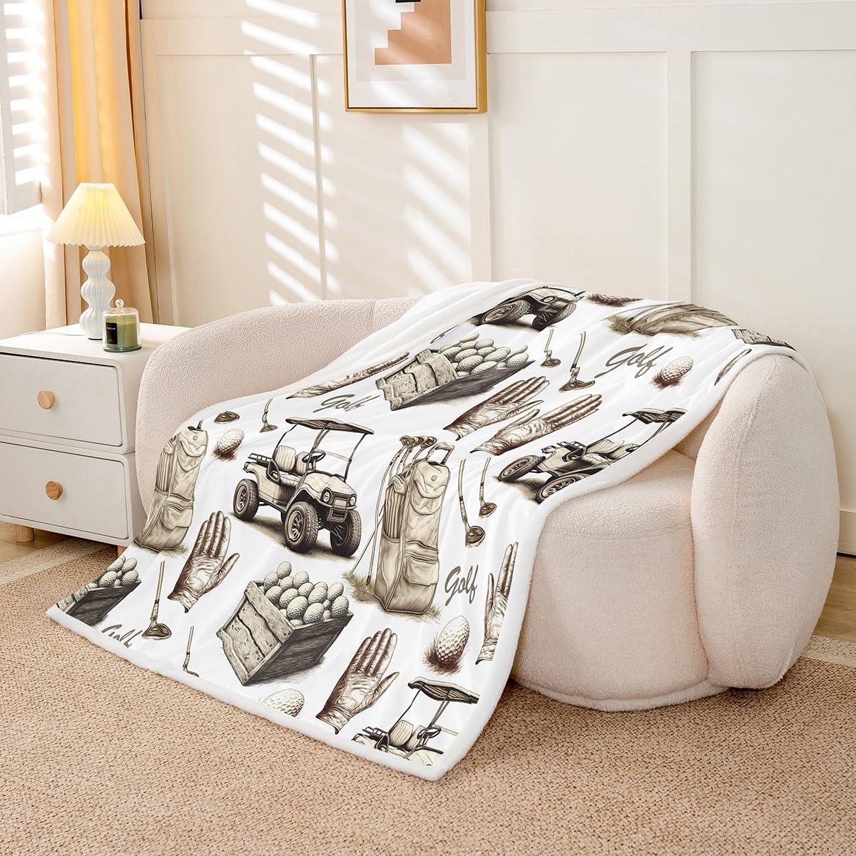 Golf Theme Bed Blanket,Golf Club Throw Blanket Kids Boys Teens Adults Home Room Decor,Ball Sports Sketch Style Retro Fleece Blanket,Ball Games Vintage Car Fuzzy Blanket,for Chair/Sofa,40"×50"