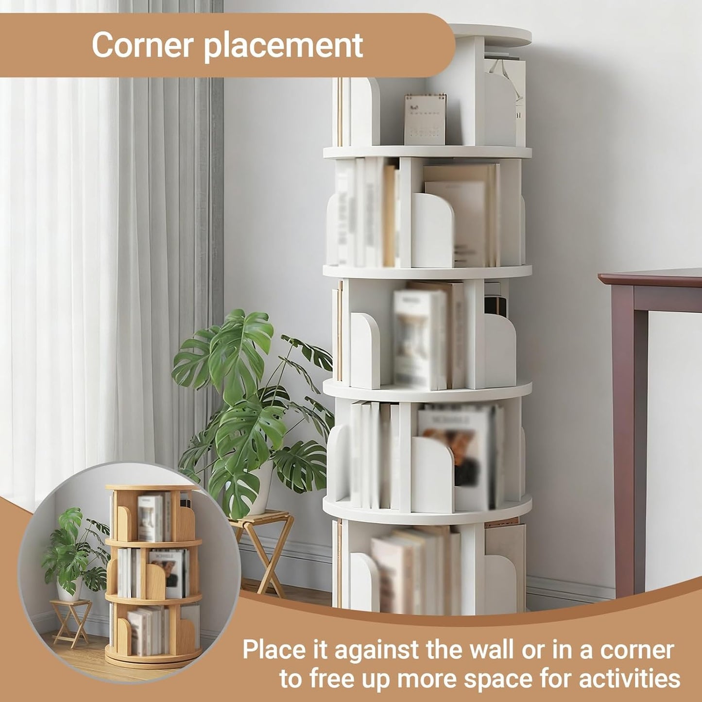 Wooden Adjustable Vertical Spine Rotating Book Tower Floor 360 ° Rotatable Etagere Bookcase with Solid Wood Frame for Living Room, Kitchen, Home Office(White,3-Layer)