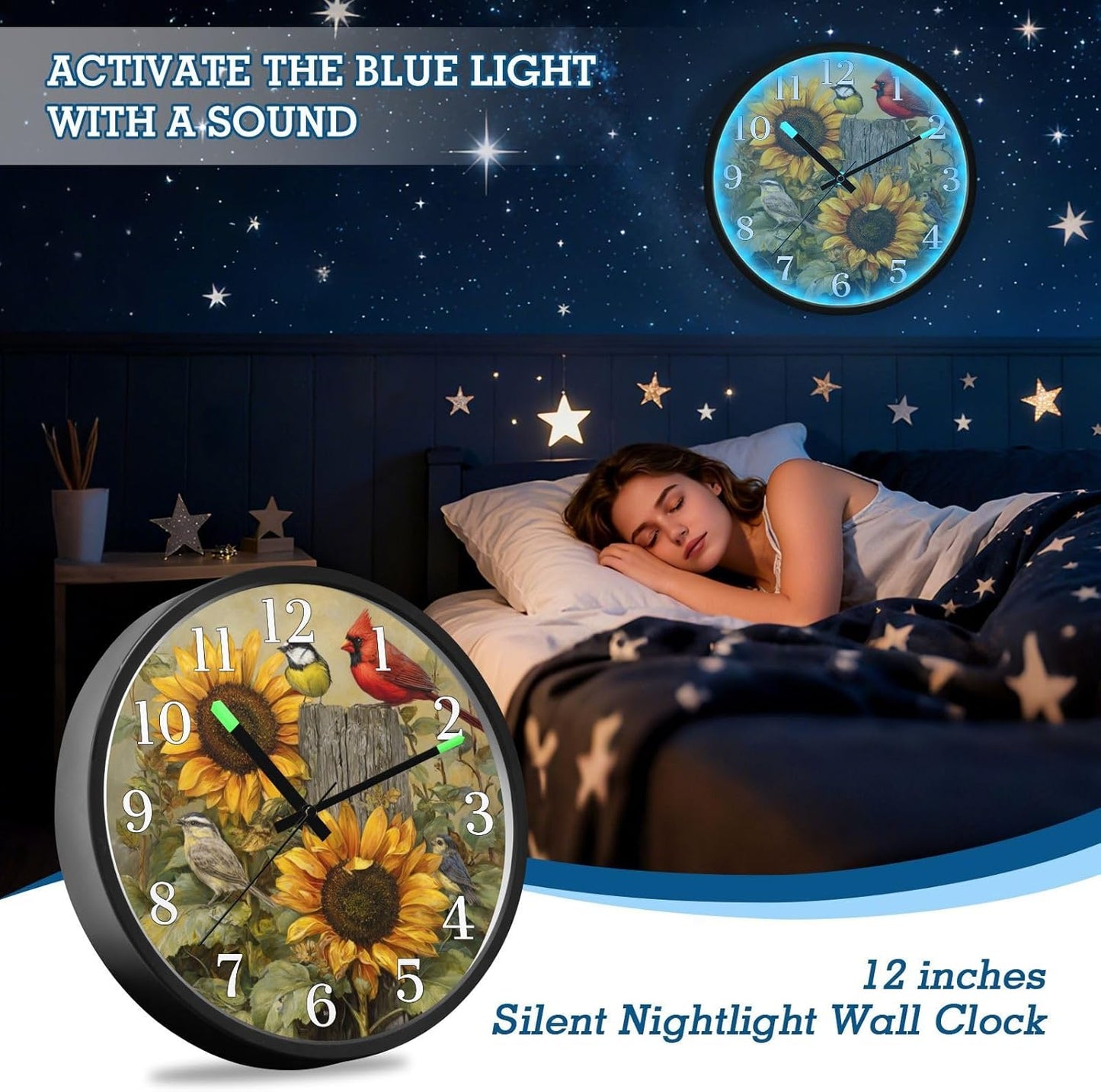 Red Cardinal Bird with Sunflower Night Light Wall Clock Light Up Luminous Non-Ticking Silent Battery Operated Clocks 12 Inch for Kitchen Home