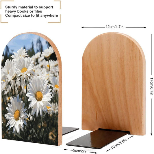 Wild White Daisies Bookend for Shelves Wooden Book End Large Size Sturdy Book Holders Stoppers with Metal Base for Bookshelves Slick Decorative Bookends Stands