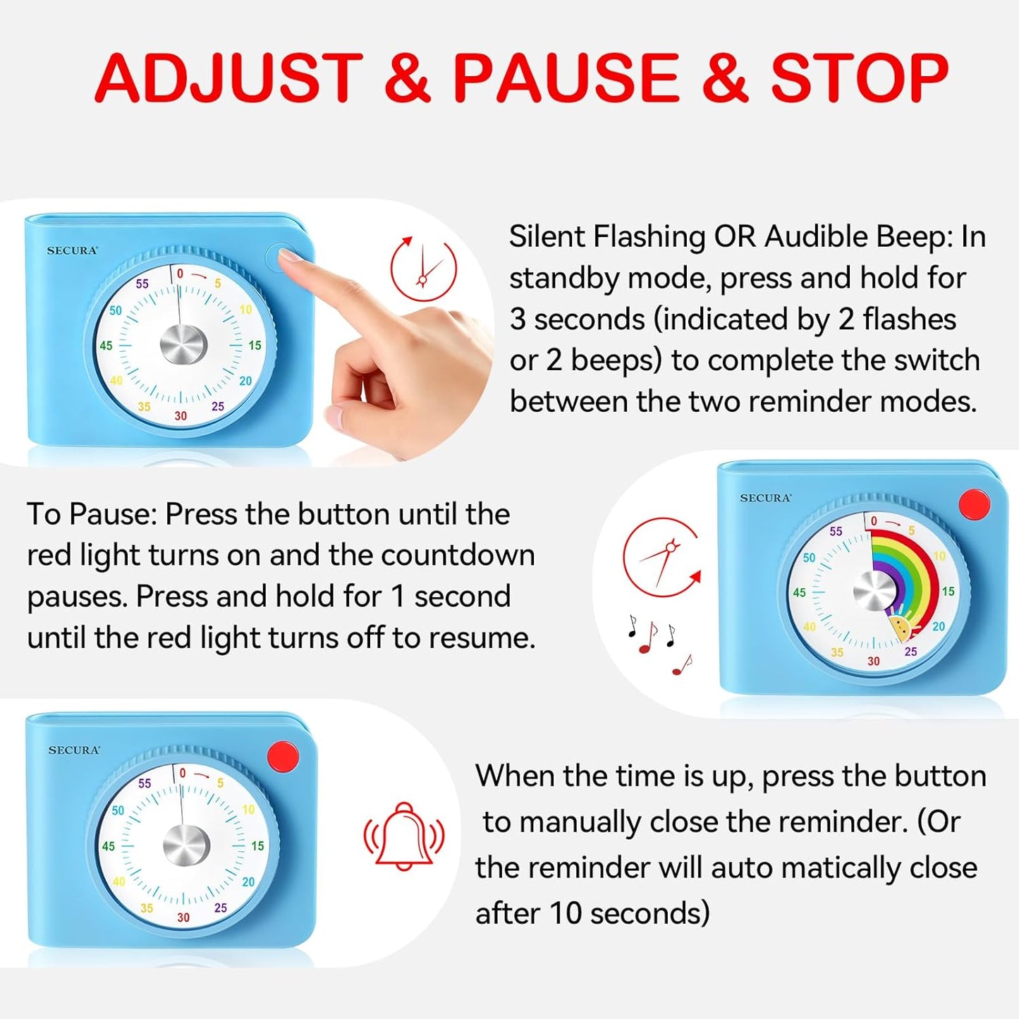 Secura Visual Timer for Kids – 60-Minute Classroom Countdown Timer with Color Disc, Time Management Tool for Kids, Teachers & Parents, Silent & Beep Modes, Magnetic Back & Stand (Blue)