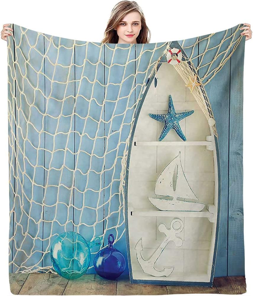 Print Blanket, Sea Objects on Wooden Backdrop with Vintage Boat, Soft WarmNautical Soft and Cozy Throw Blankets, 40 x 50inches, Suitable The Journey Decoration Living Room, Office, Blue White