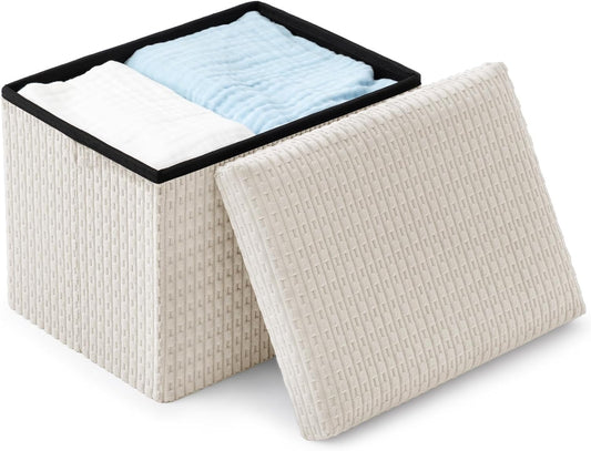 Thyle Storage Ottoman with Lid, Foldable Foot Rest Stool with Hidden Storage, Corduroy Ottoman for Living Room Bedroom Dorm Under Desk, 16x12x12 Inch(Beige)