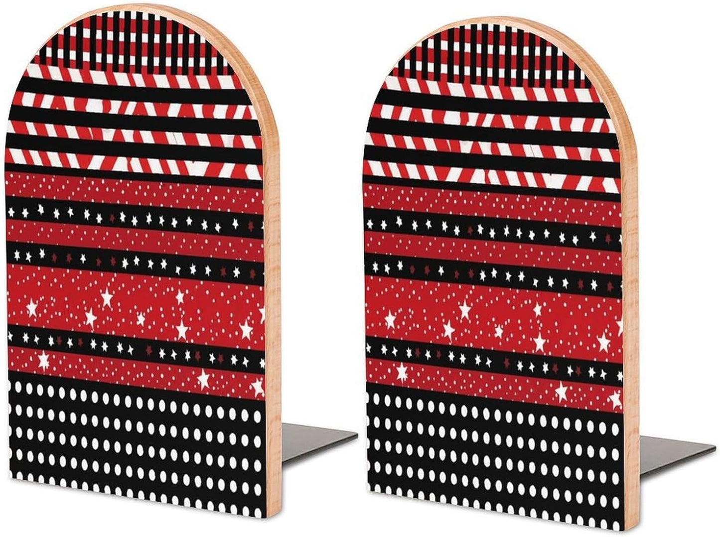 Striped Polka Dot Stars Wooden Bookend Non-Slip Book Ends Heavy Duty Book Stopper with Metal Base Books Holderd Decorative Bookends Stands Firmly for Office Supplies