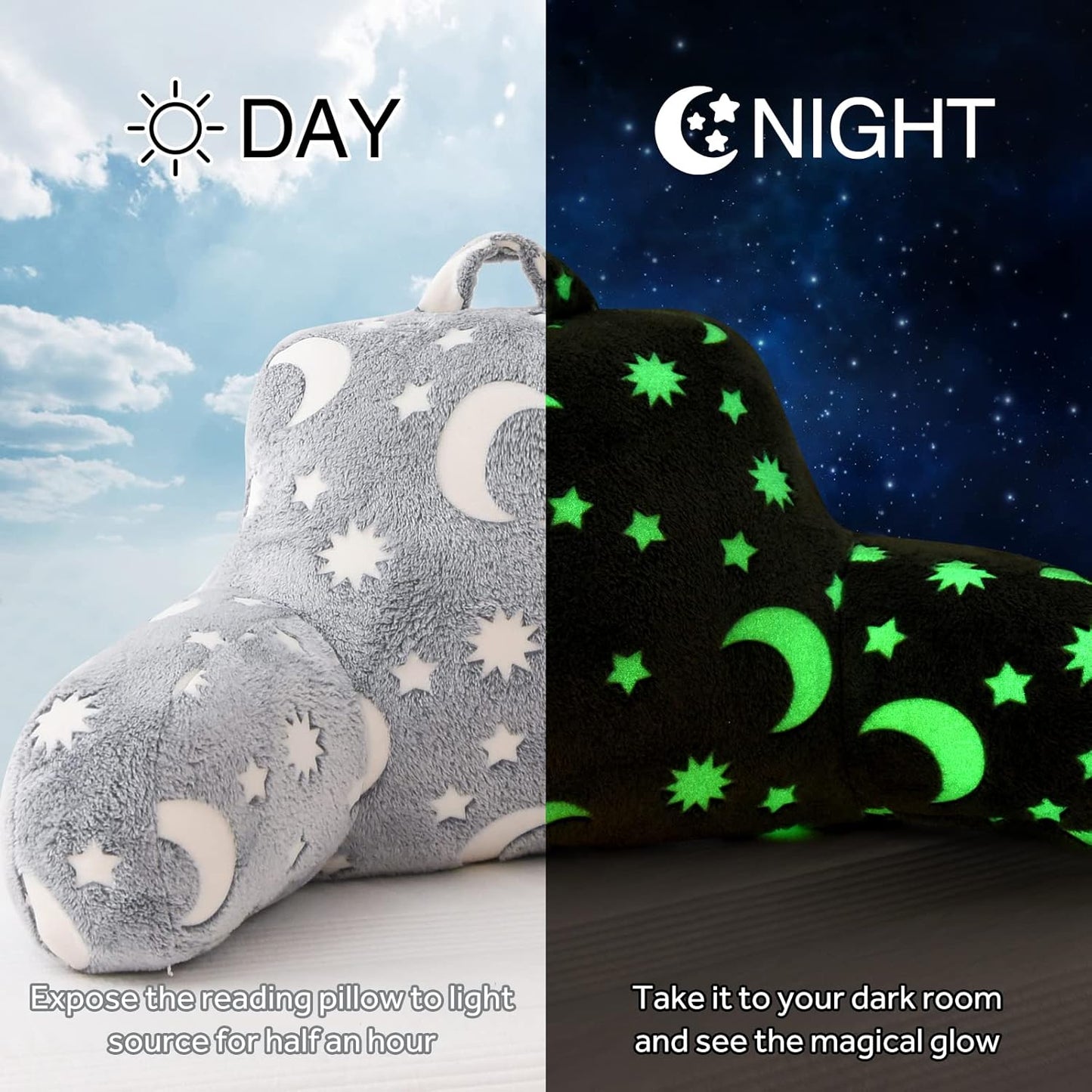 A Nice Night Star Moon Plush Reading Pillow Glow in The Dark Bed Wedge Children Backrest with Arms Back Support for Sitting Up in for Bedrest,Grey