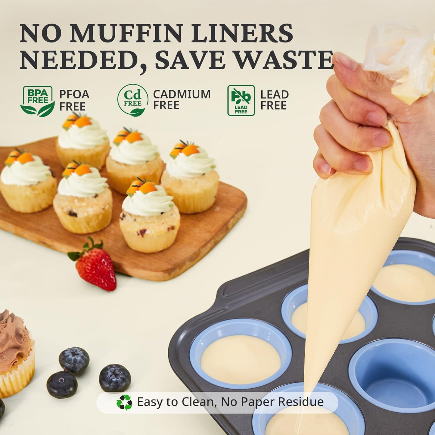 BRONYPRO Silicone Muffin Pans for Baking with Metal Frame, Egg Bite Molds, Cupcake Pans 12 Regular Size, Muffin Tins Easy to Pop Nonstick Non Toxic Bakeware for Oven,Blue