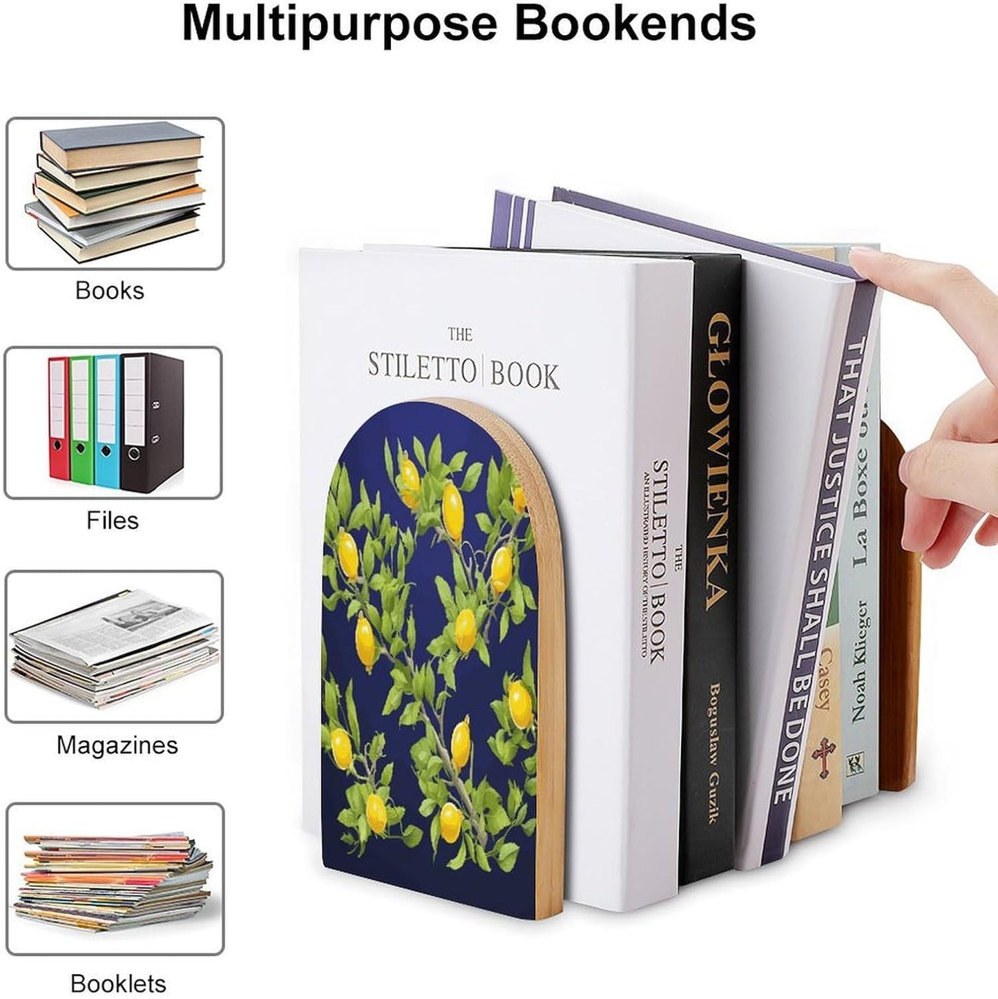 Lemon Tree Bookend for Shelves Wooden Book End Large Size Sturdy Book Holders Stoppers with Metal Base for Bookshelves Slick Decorative Bookends Stands