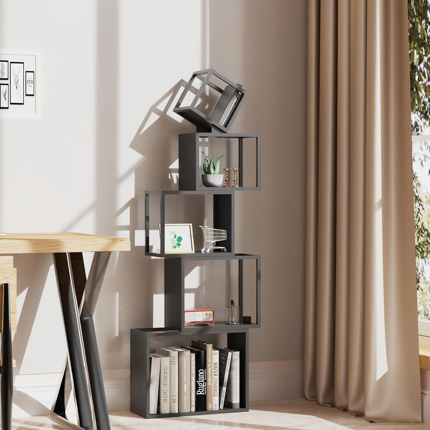 5-Tier Black Unique Metal Bookshelf – 52" Modern Bookcase for Books, CDs & Collectibles – Stylish Storage & Display Shelf for Living Room, Bedroom, Office