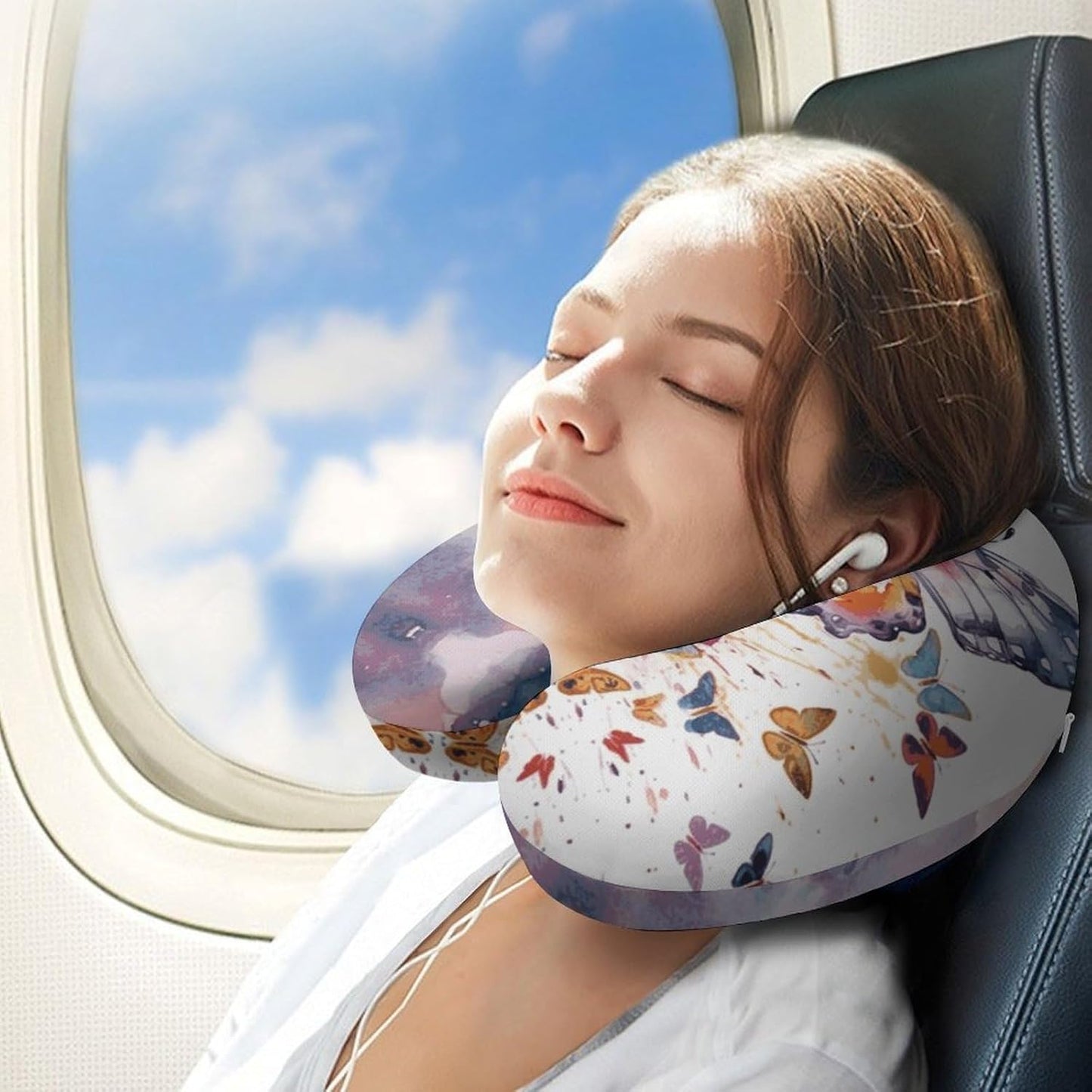Watercolor Butterfly Neck Pillow Memory Foam U Shaped Pillows Portable Pillows for Shoulder Travel Head Support Pillow with Concealed Zipper for Airplane Car Home Office
