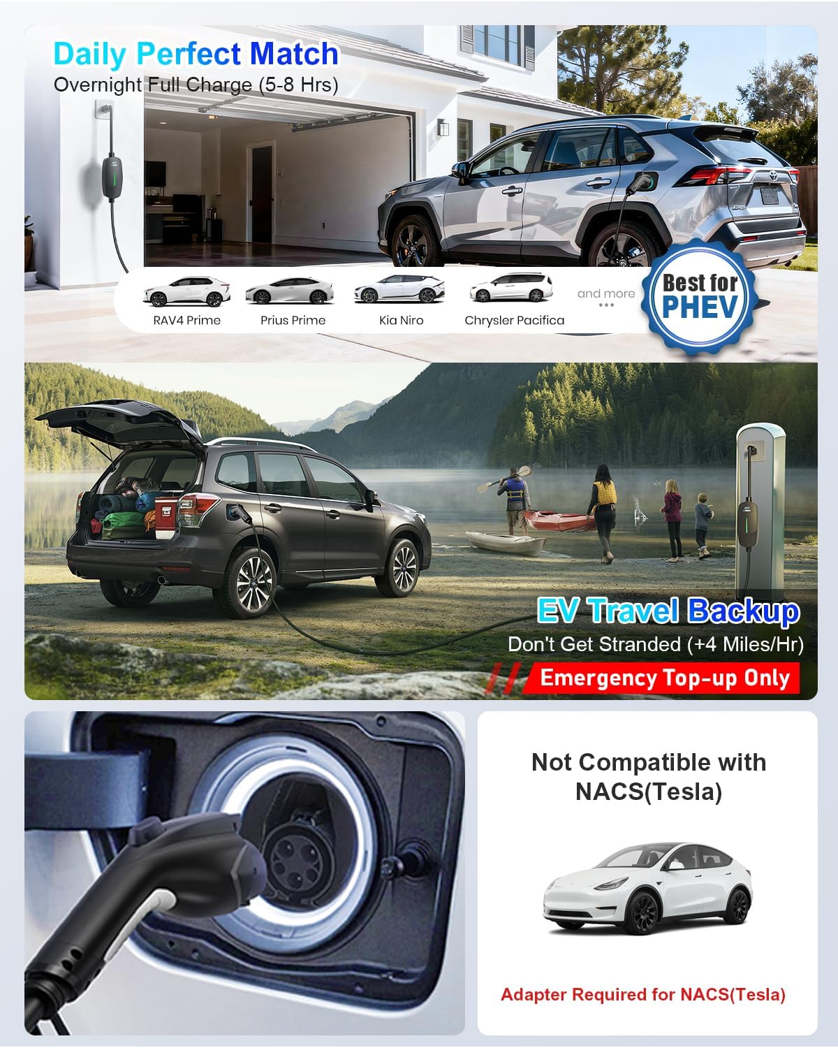 Level 1&2 EV Charger, Electric Vehicle Portable Charger with 25FT Cable, Home EV Charging Station for J1772 Electric Cars, 12A 120V/16A 240V, NEMA 5-15 & NEMA 6-20 Plug