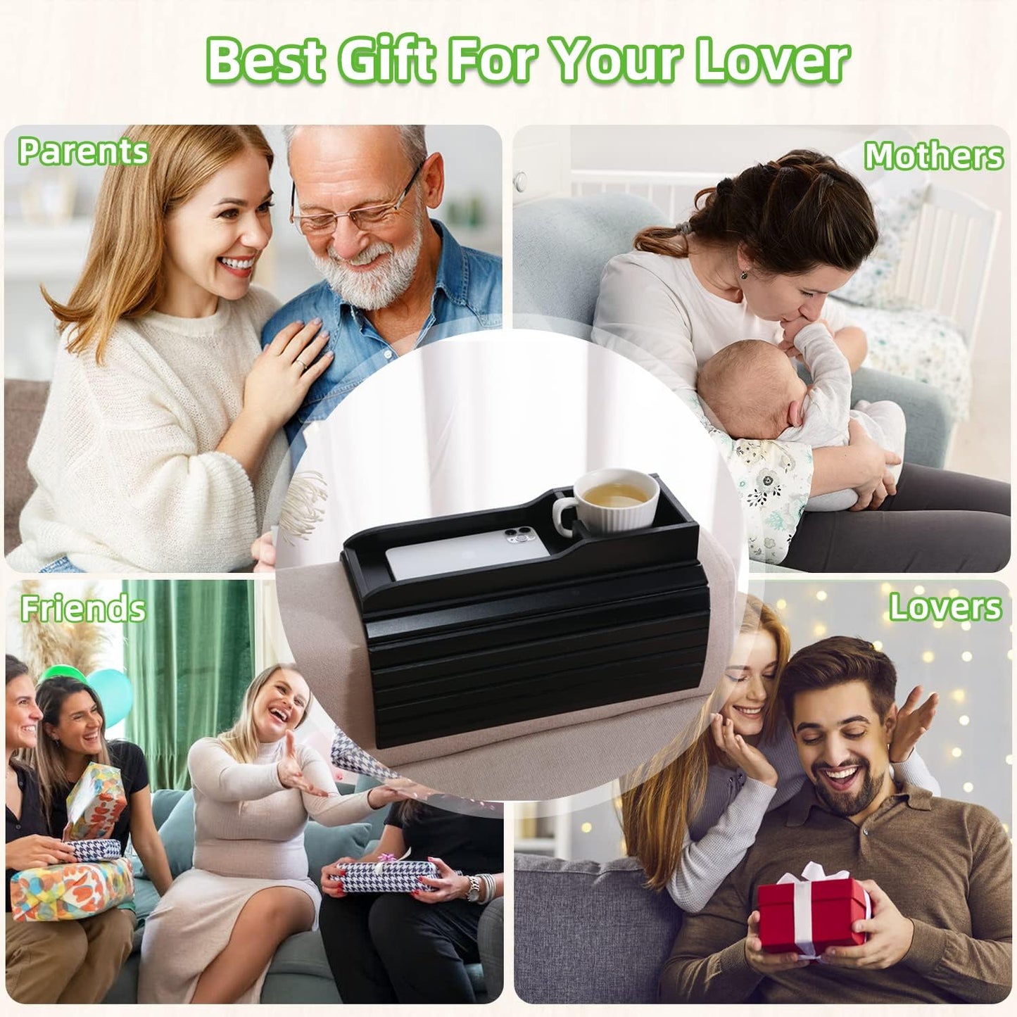 GEHE Couch Cup Holder, Anti Falling Sofa Arm Tray, Natural Bamboo Sofa Cup Holder More Safe for You Family, Portable Couch Arm Tray Armrest Table for Remote, Snacks, Phone, Drinks
