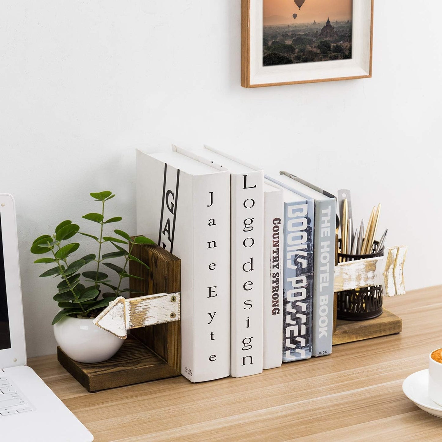 MyGift Farmhouse Bookends, Rustic Book Ends Kitchen, Tabletop Boho Bookend Support Stands, Whitewashed Arrow Design and Burnt Dark Brown Wood