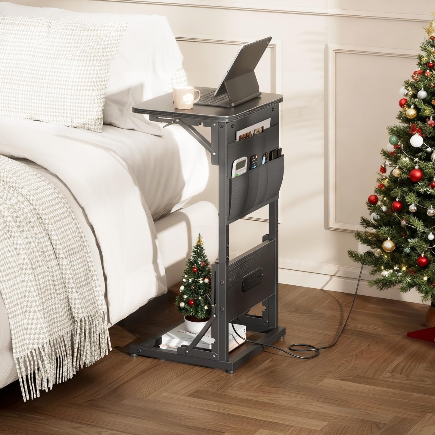 HLDIRECT C Shaped End Table with Charging Station, Couch Side Table with Storage Bag, Foldable TV Tray with 2 USB Ports and Outlets for Living Room, Bedroom, Black