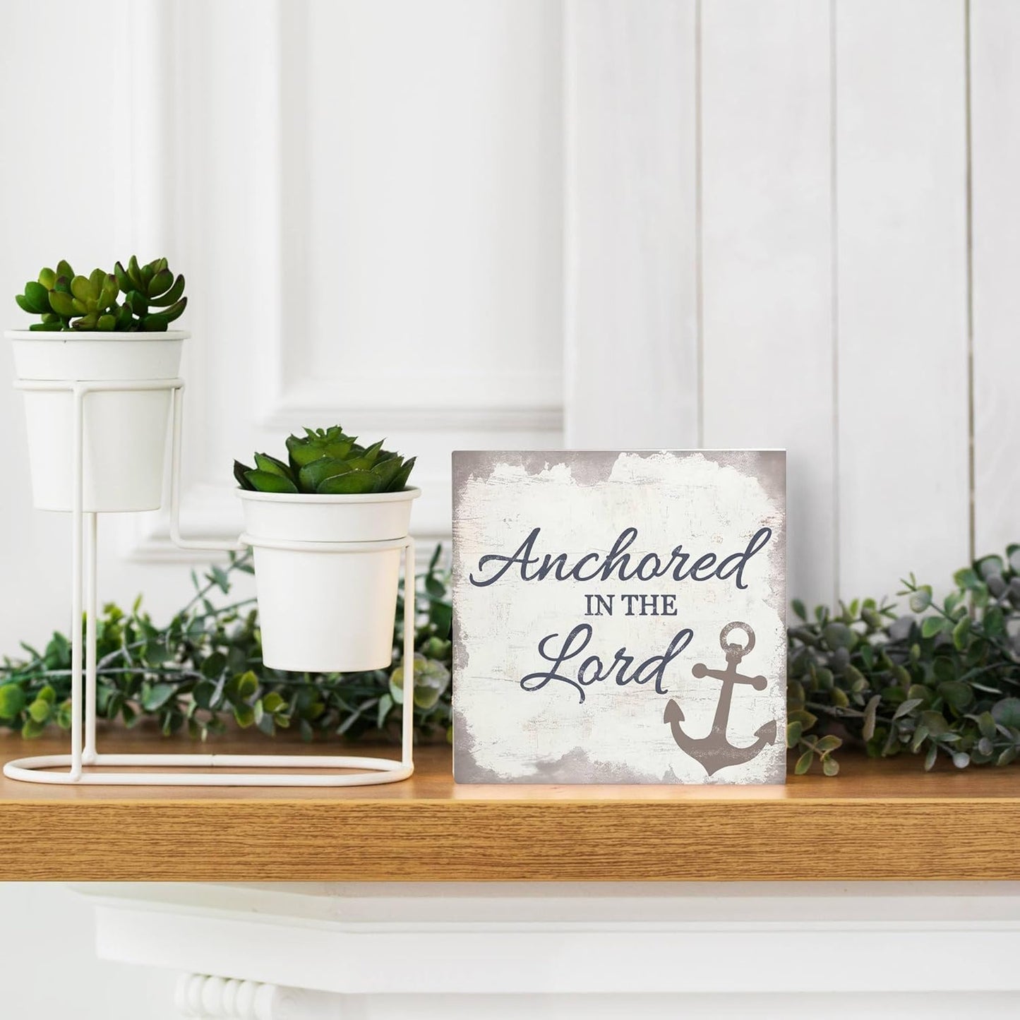 Nautical Wooden Sign 5x5 - Nautical Decor, Anchor Wood Sign for Home Bathroom Nursery, Anchored in the Lord