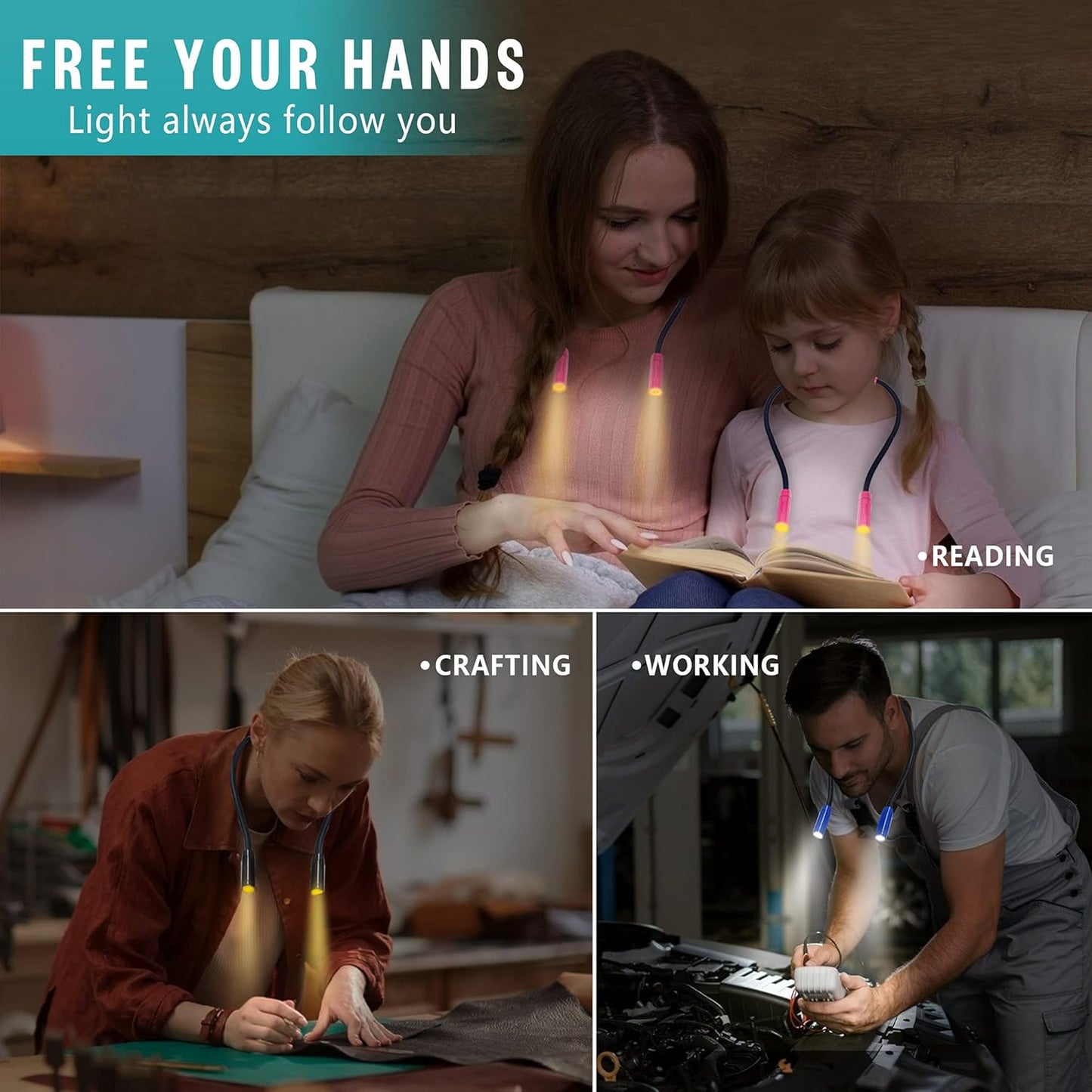 Vekkia Lightweight Neck Reading Light - 3 Colors, 9 Brightness. Rechargeable, Hands - Free, Portable. for Bed Reading, Knitting, Sewing, Crafting. Appeals to Repair & Craft Fans （Pink