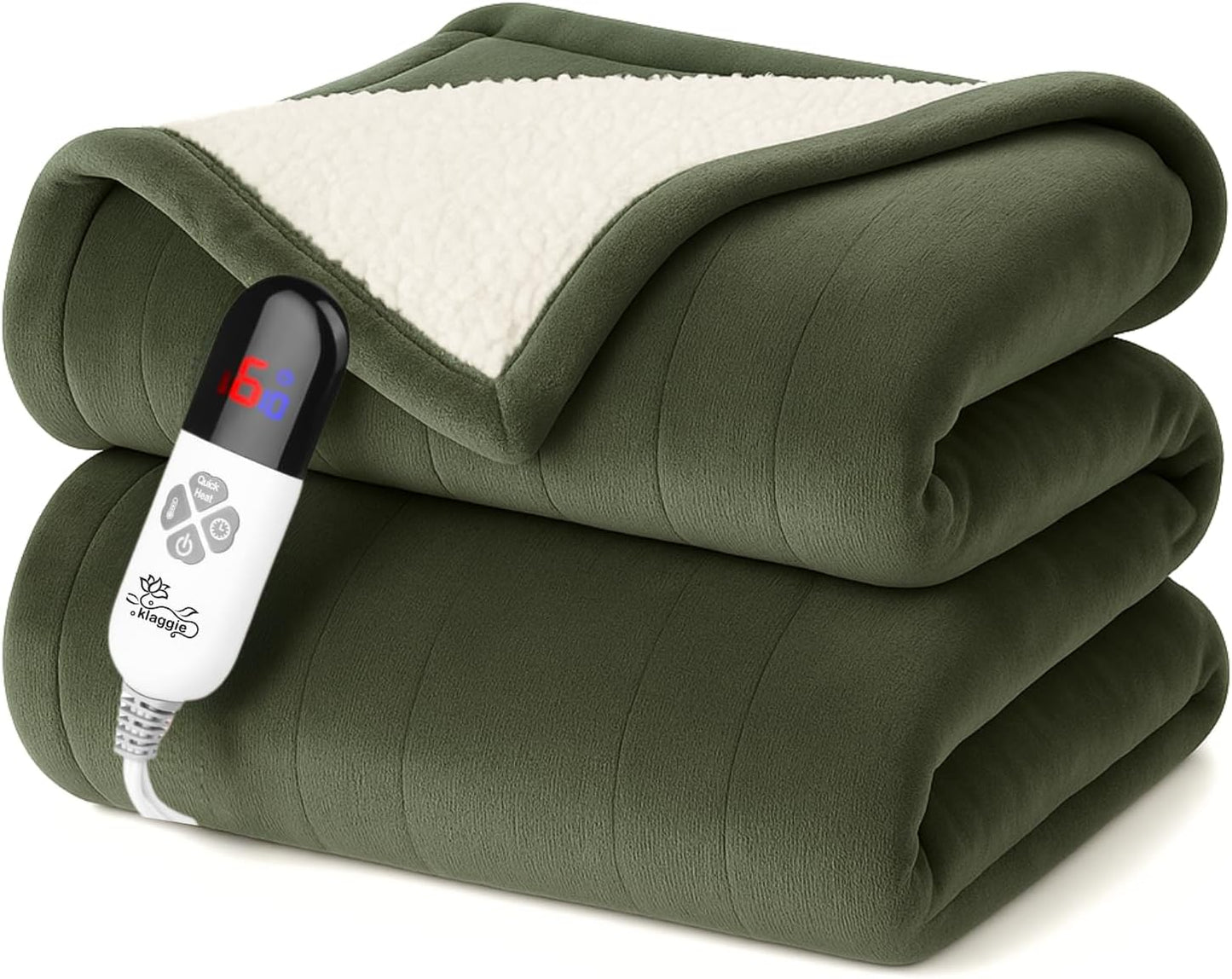 Electric Heated Throw Blanket Sherpa 50"x60" Green Machine Washable 6 Heat Settings 4 Hours Auto Off Overheat Protection for Home Office Use