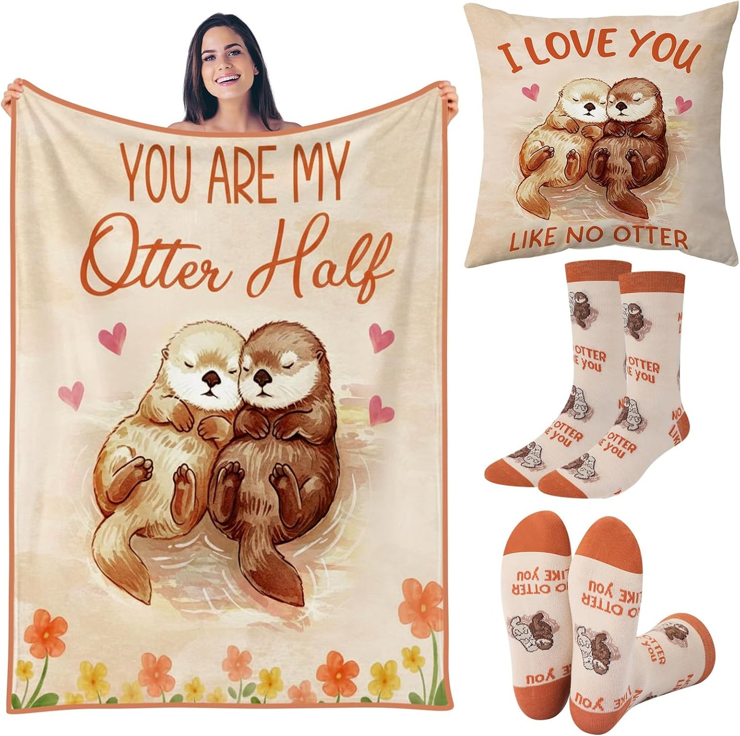 Moukeren 3 Pcs Anniversary Otter Gift for Her Couple for Women Wife Include Otter Throw Blankets Cute Soft Novelty Crew Socks Pillow Cover Girlfriend Sweetest Day Couples Idea