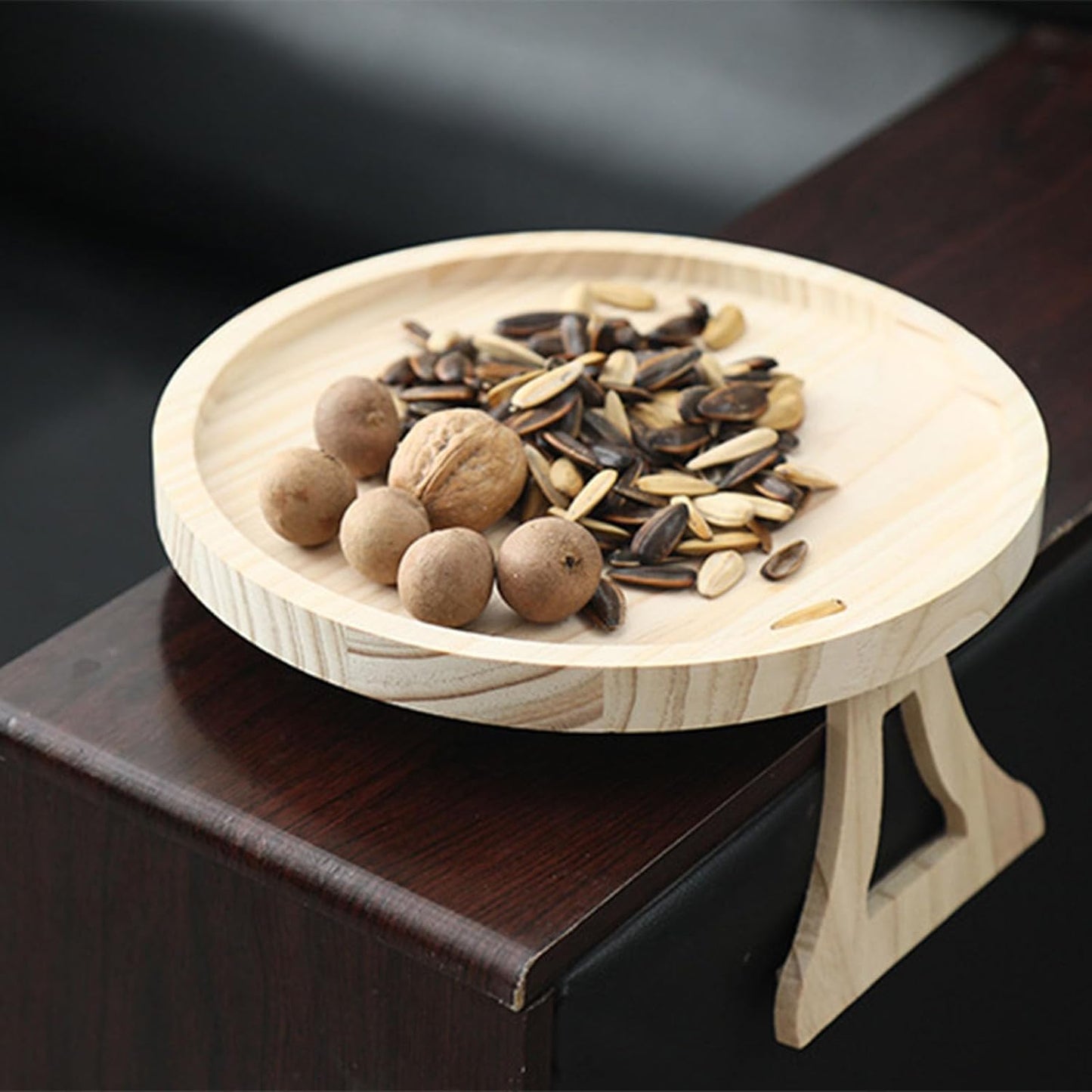 10 Inch Round Sofa Arm Tray, Natural Wood Couch Armrest Table, Clip On Side Table for Wide Couch Arm