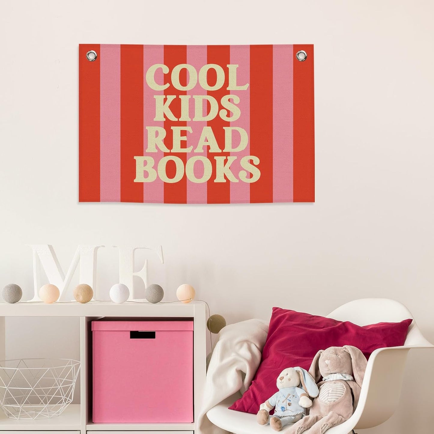 Reading Classroom Kids Banner Canvas, Cool Kids Read Books Decor,Retro Red Pink Library Hanging Flag Sign,Nursery Wall Tapestry Art for Dorm Toddler Room School Reading Corner Bedroom 20x30in