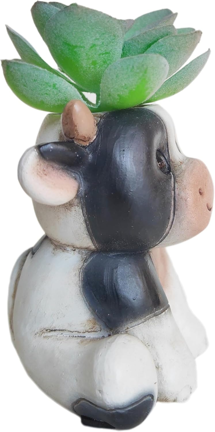 Succulents Plants Artificial, Mini Fake Succulents in Resin Cartoon Animal Dairy Cow Pot for Desk Livingroom Home Decoration Office Decor