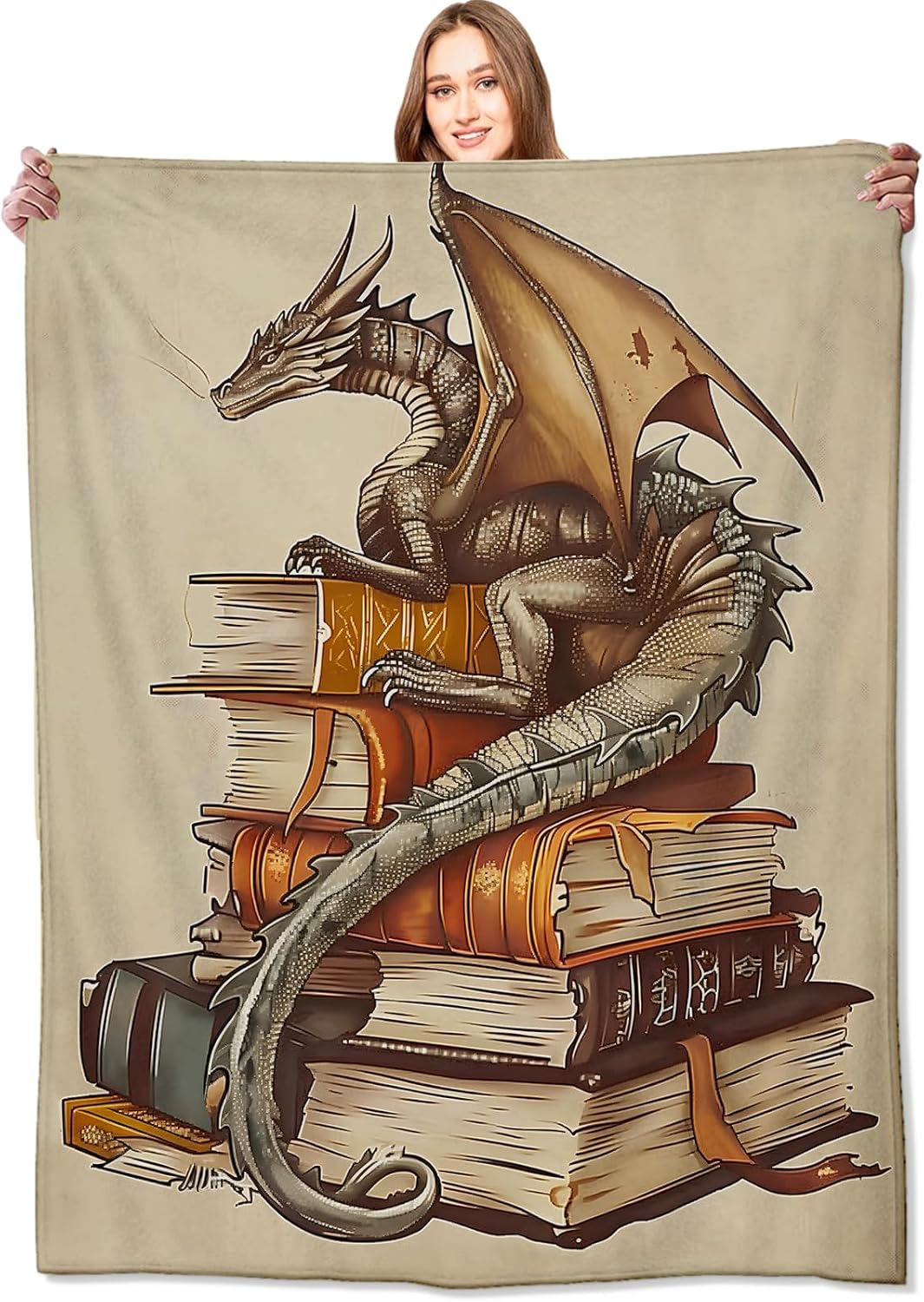Dragon and Book Blanket Mystical Fantasy Throw Blankets with Ancient Books and Majestic Animal,Birthday Gifts for Kids Women,Lightweight Soft Fleece,for Sofa Couch Bed Room Decor 40x50in