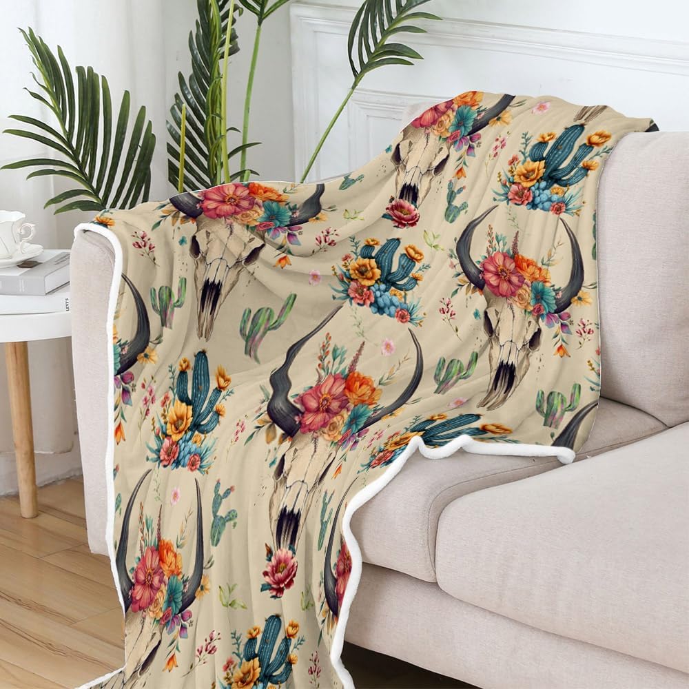 NYMB Western Boho Throw Blanket, Bohemian Cowboy Southwestern Bull Skull Warm and Cozy Fleece Throw Blanket for Bed, Couch, Native Aztec Cactus Farmhouse American West Travel Camping Blanket, 50X60in
