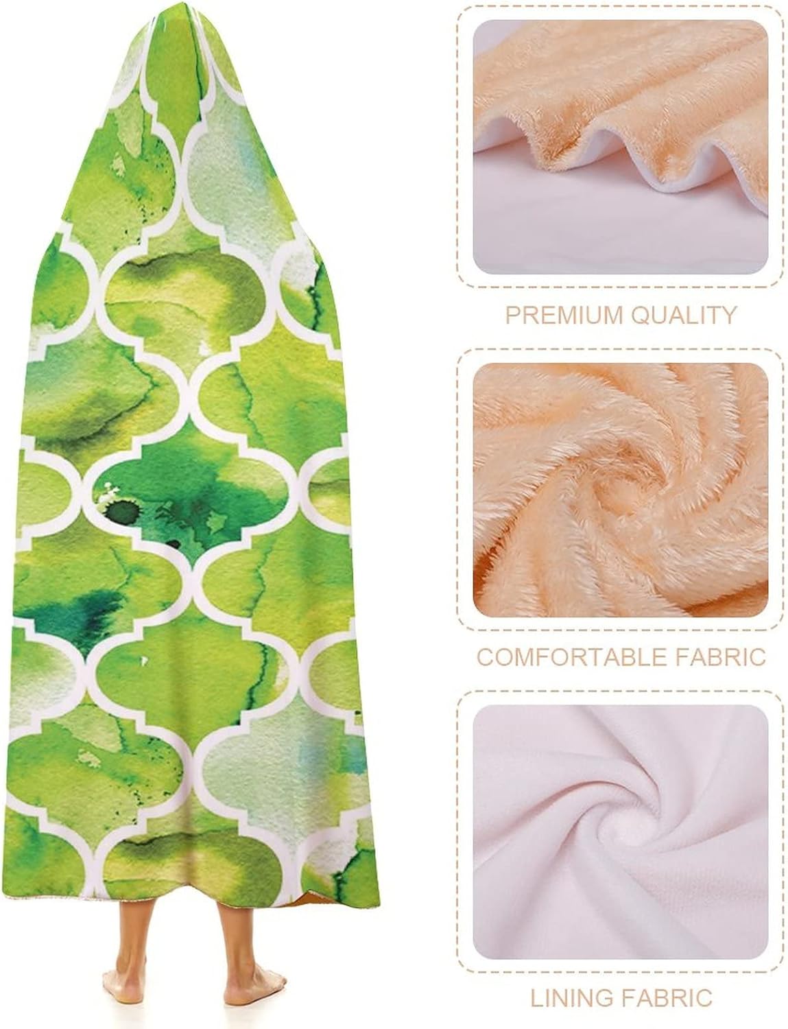 Throw Blankets, Watercolor Women Men Hooded Blanket, Moroccan Trellis Pattern in Green Tones Watercolor, Soft Warm Cozy, 60 x 80inches, Studying Reading Snuggling Napping Office