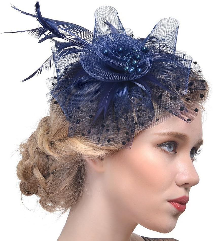 DRESHOW Fascinators Hat Flower Mesh Ribbons Feathers on a Headband and a Clip Tea Party Headwear for Girls and Women