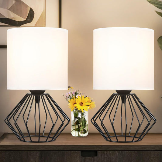 Hamilyeah Table Lamps Set of 2, Black Bedside With On/Off Switch, Industrial for Night Stands With White Fabric Shade, Modern Simple for Bedroom, Living Room