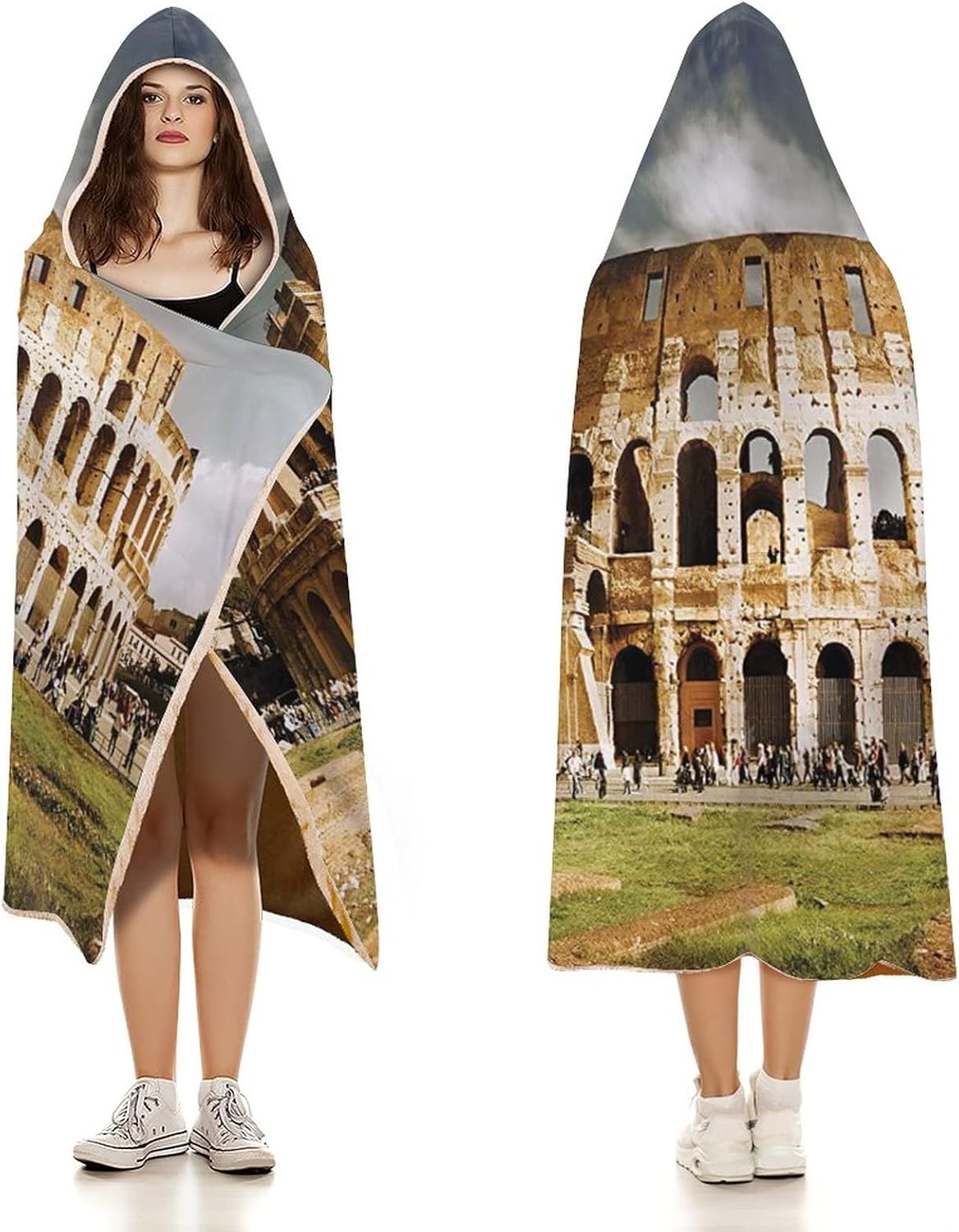Throw Blankets, The Colosseum Wearable Hooded Blanket for Adults, Monument Ruins, Soft Warm Cozy, 50 x 60inches, Studying Reading Snuggling Napping Office, Multicolor