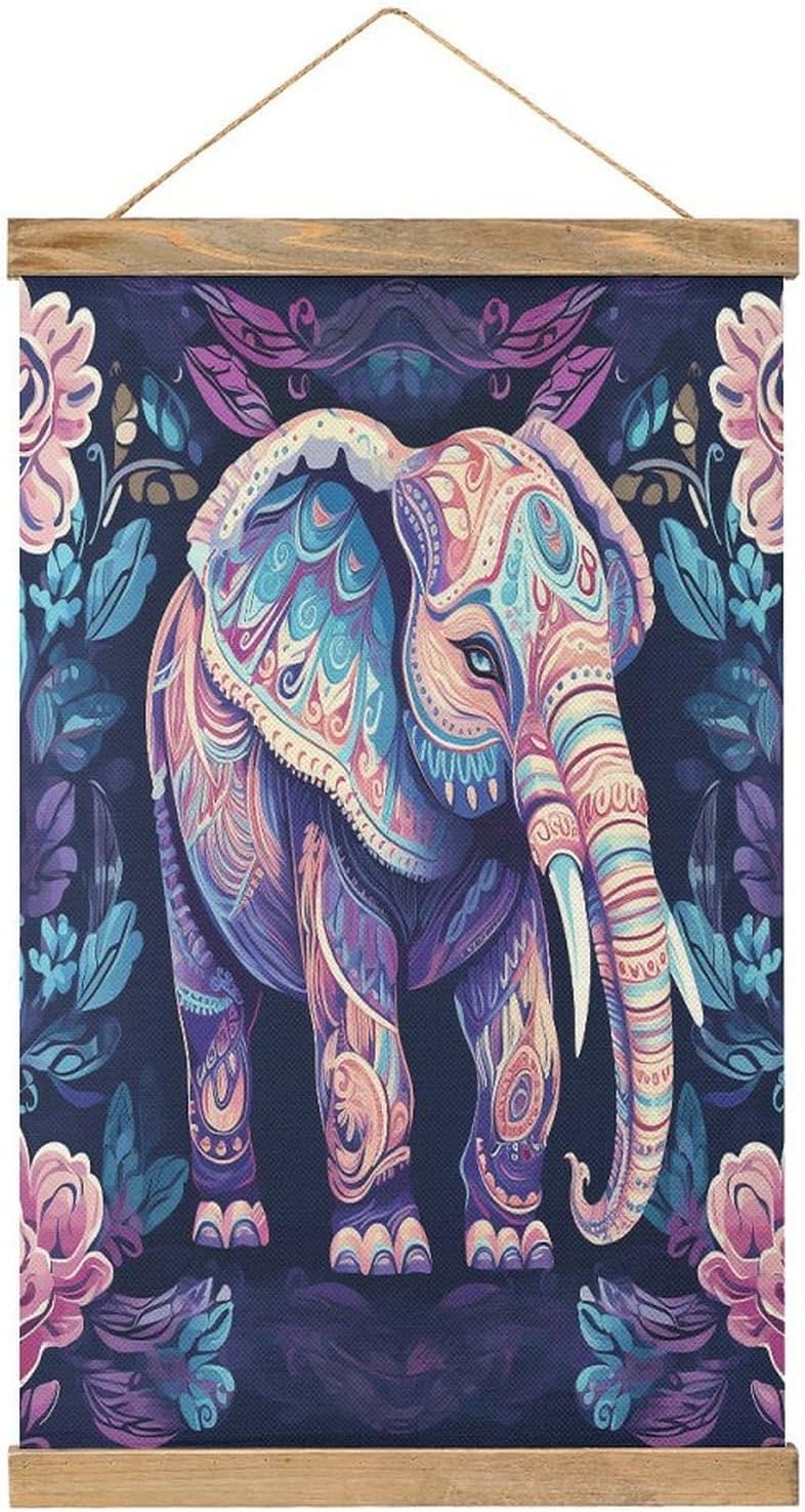 Vintage Purple Elephant Poster with Wooden Frame Personalized Linen Hanging Scroll Painting Rustic Wall Hanging Illustrative Modern Artwork Decor for Home Living Room Bedroom Office