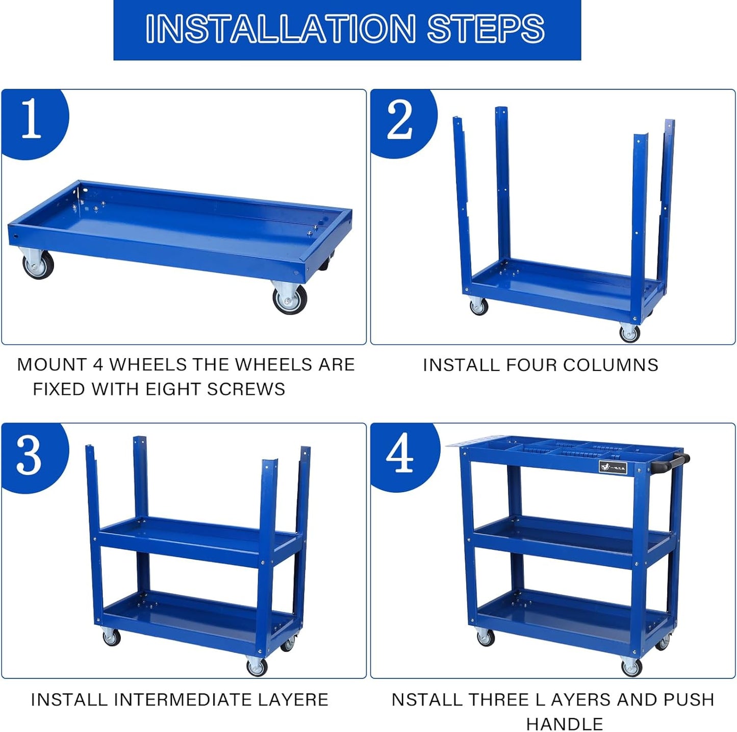 3 Tier Large Capacity Tool Cart, 330 lbs Tool Trolley with Adjustable Dividers, Lockable Wheels & Handle for Garden Warehouse Garage Workshops Blue One Size