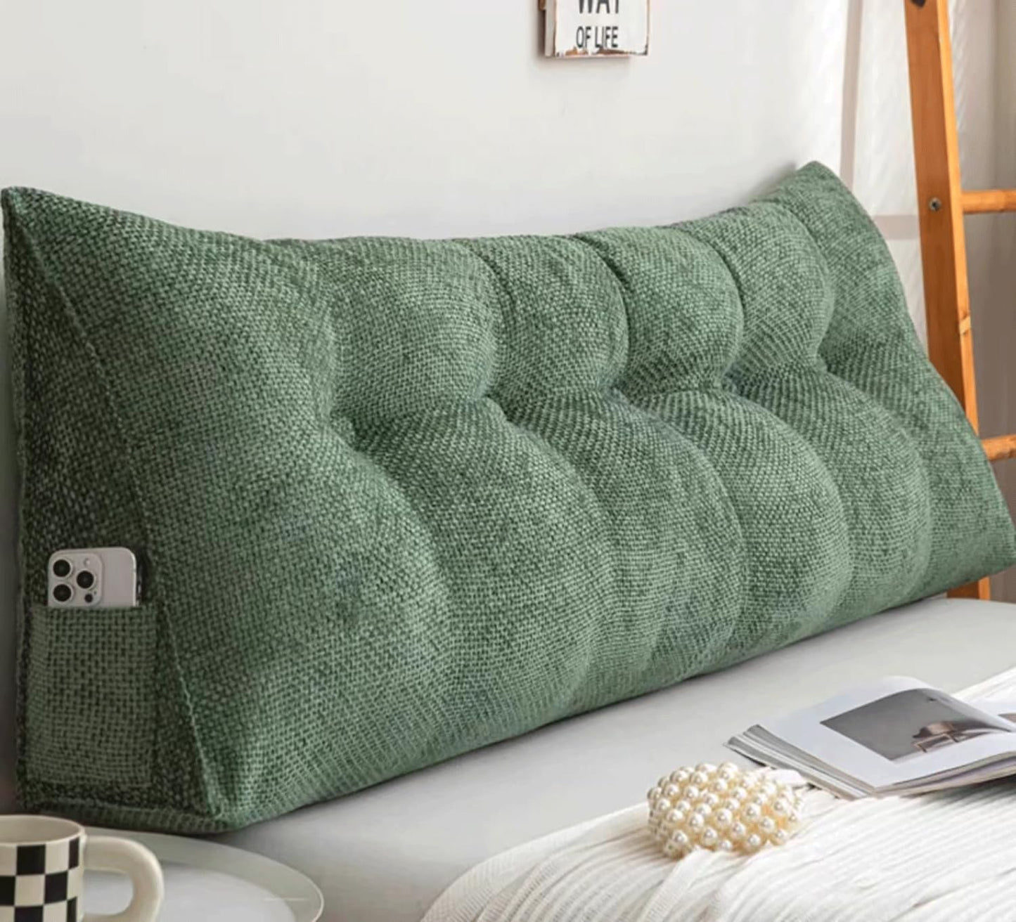 Large Wedge Body Positioners Pillow Reading Bedrest Pillows Bolster Headboard Back Support Lumbar Cushion with Removable Cover, Long Pillow for Daybed(Size:80x50x20cm,Color:Green)