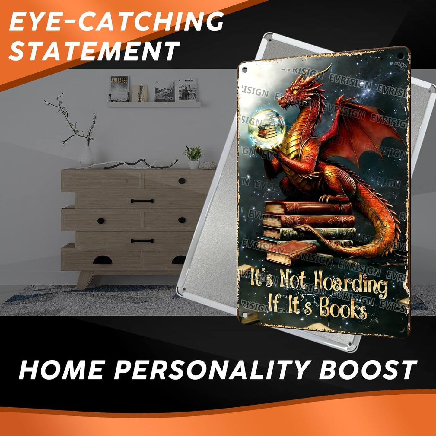 Dragon Bookish Metal Sign It's Not Hoarding If It's Books Tin Sign Book Signs for Library Reading Corner Study Office 12 * 8inch