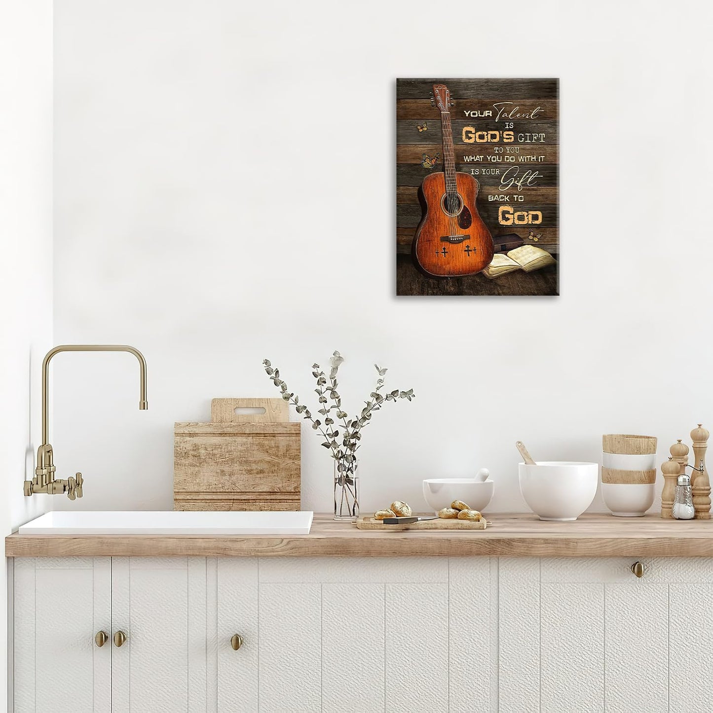 Guitar Canvas Wall Art Vintage Musical Christian Pictures for Kitchen Bedroom Bathroom Office Retro Guitar Music Print Religious Painting Farmhouse Modern Artwork Framed Wall Decor 16" x 12"