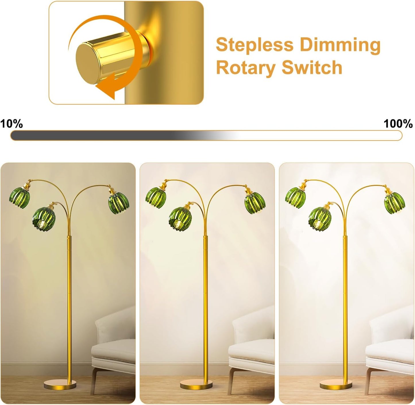 Arc Floor Lamps for Living Room, Gold Dimmable Floor Lamp with Green Flower Glass Shades and 3 Brightness Lights, Adjustable Arm, Modern Tree Tall Standing Lamp Corner Arched Light for Bedroom Decor
