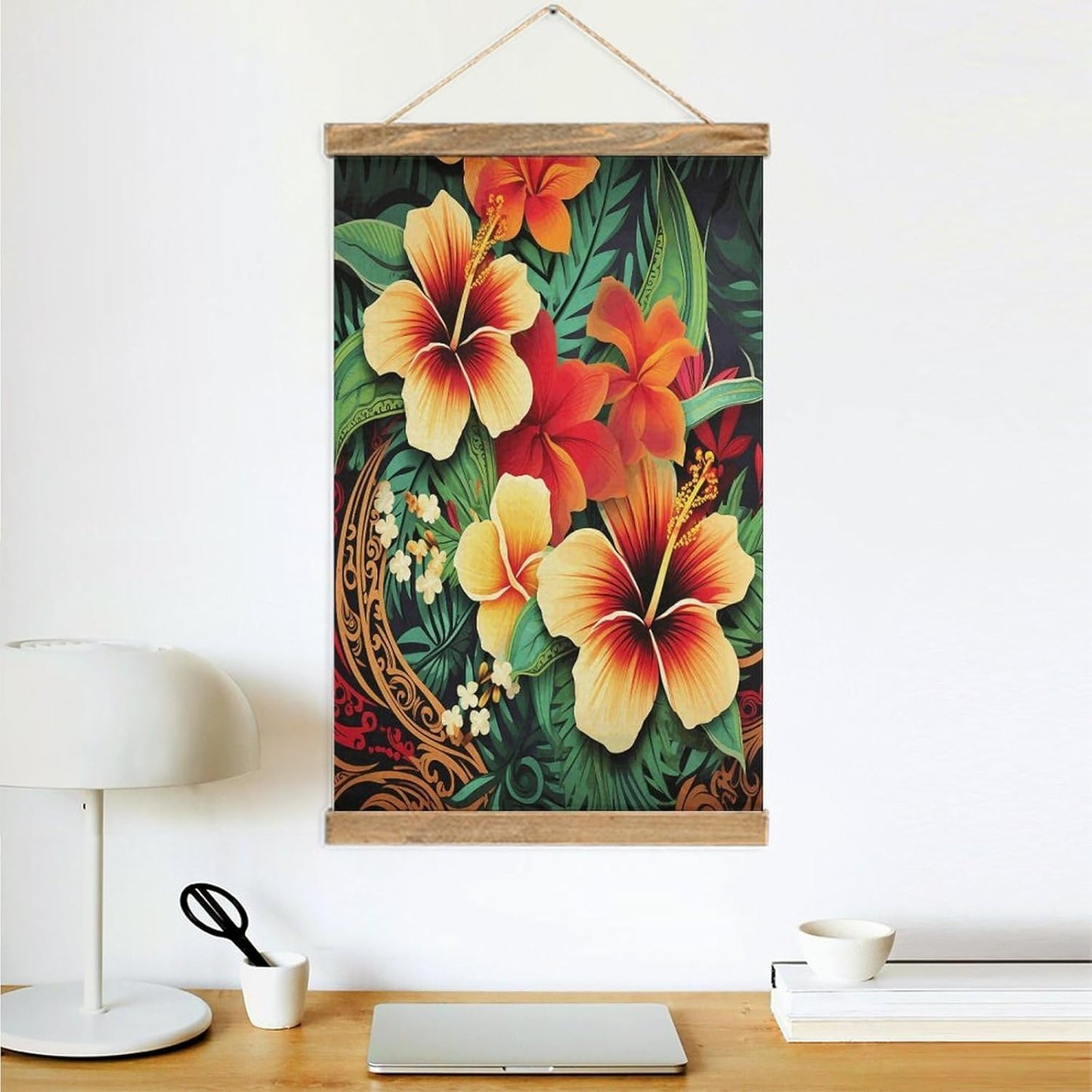 Vintage Hawaiian Style Print Pattern Poster with Wooden Frame Personalized Linen Hanging Scroll Painting Rustic Wall Hanging Illustrative Modern Artwork Decor for Home Living Room Bedroom Office