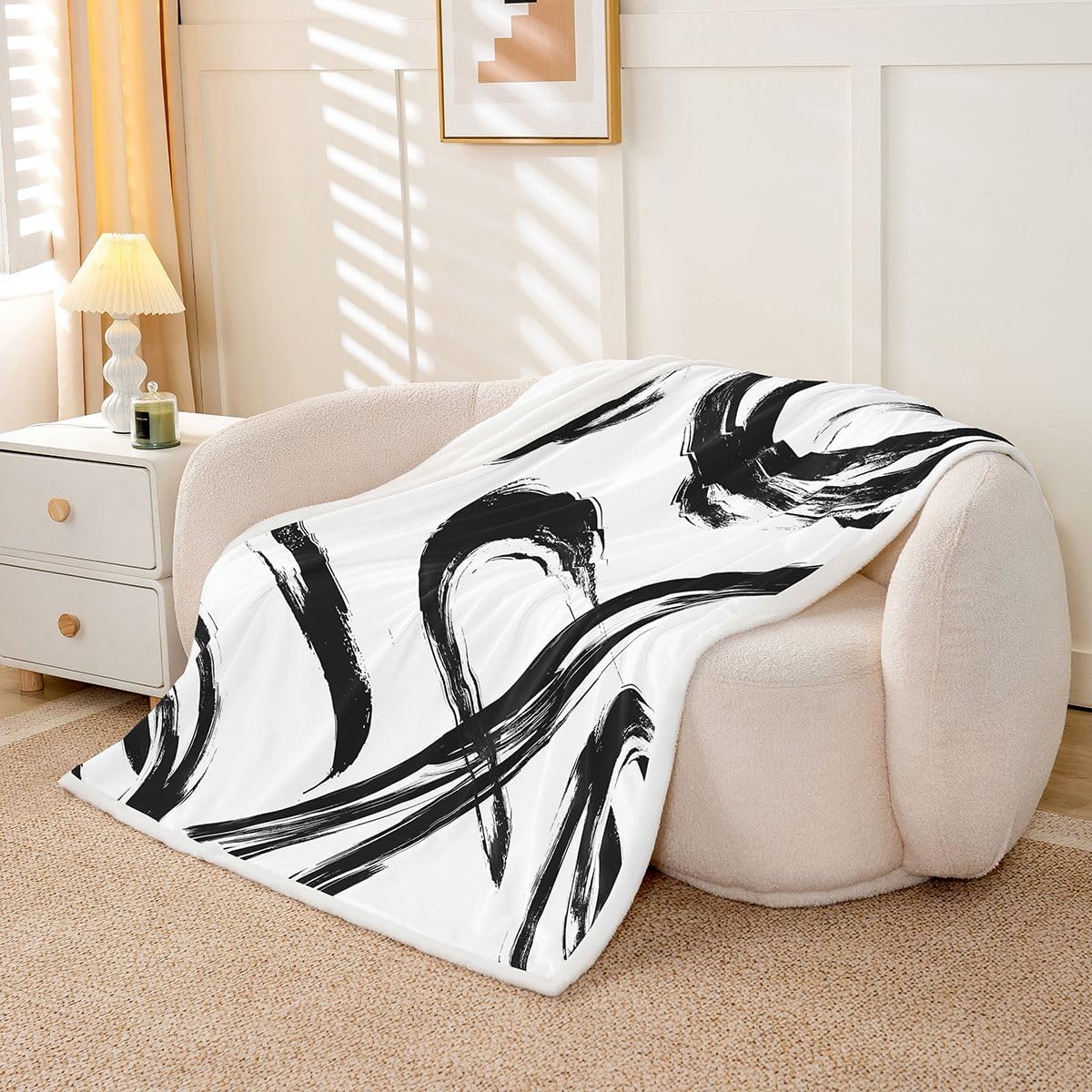 Feelyou Abstract Black White Sherpa Throw Blanket for Couch Abstract Super Soft Cozy Fleece Geometric Lines Art Blanket for Winter, Plush Throw Baby 30"x40" All Season