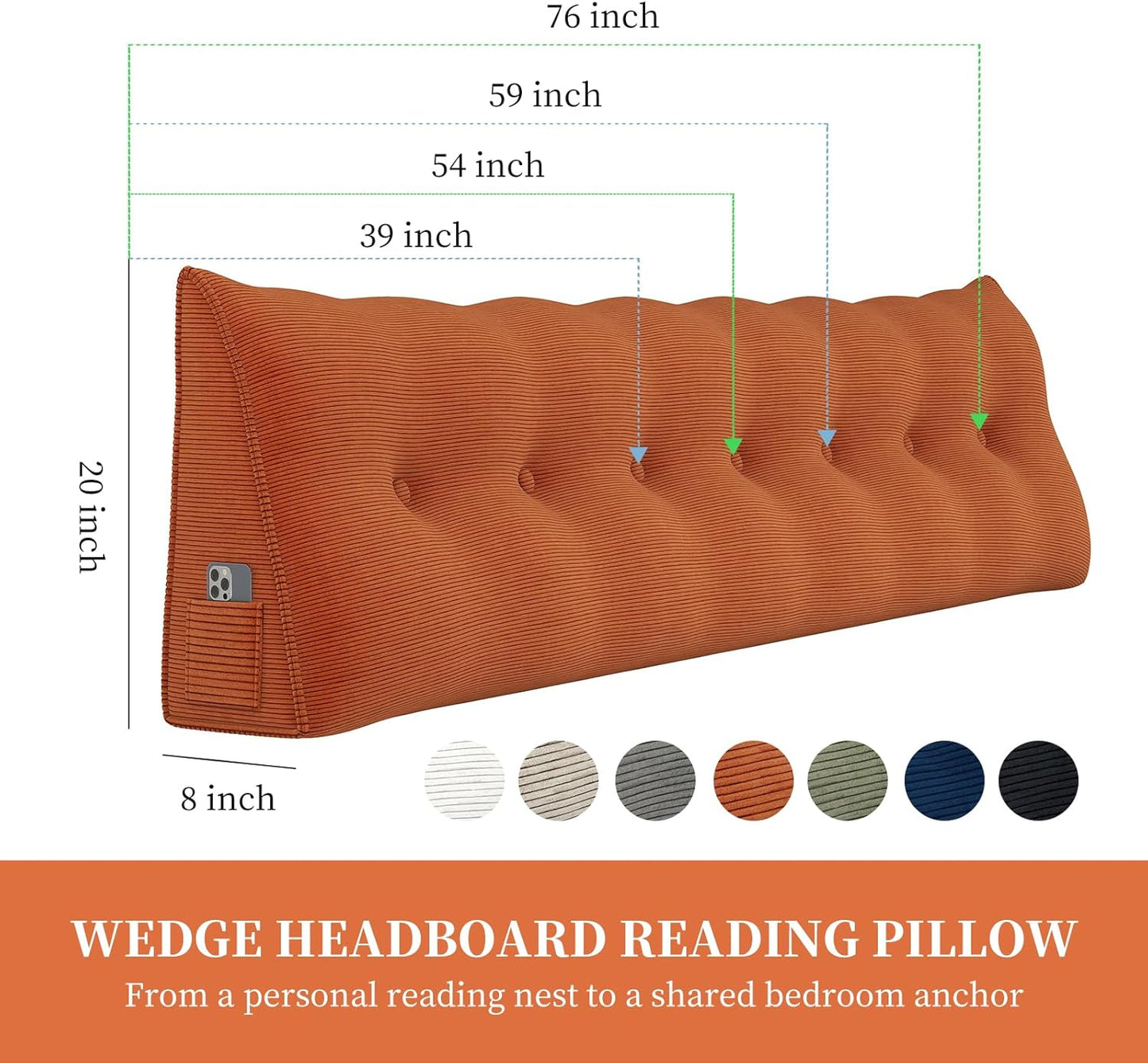 Bed Wedge Pillow for Headboard Sitting Up in Bed Rest Reading Sleeping, Large Triangular Bolster Pillows Daybed Couch Sofa Recliner Cushion for Body Lumbar Backrest Support（Queen，Burnt Orange）