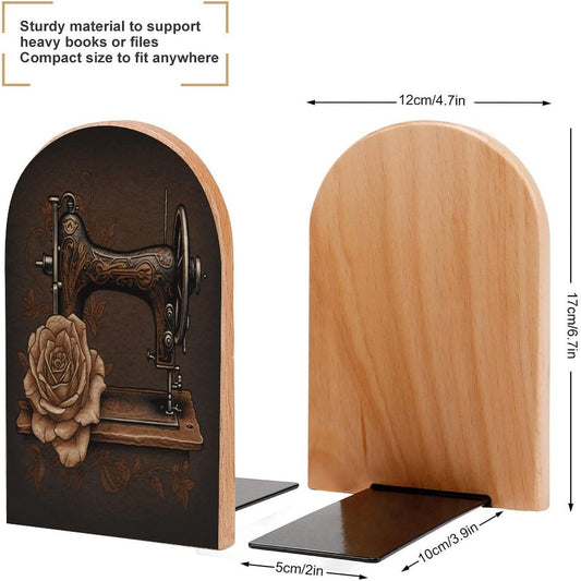Rose and Sewing Machine Wooden Bookend Non-Slip Book Ends Heavy Duty Book Stopper with Metal Base Books Holderd Decorative Bookends Stands Firmly for Office Supplies