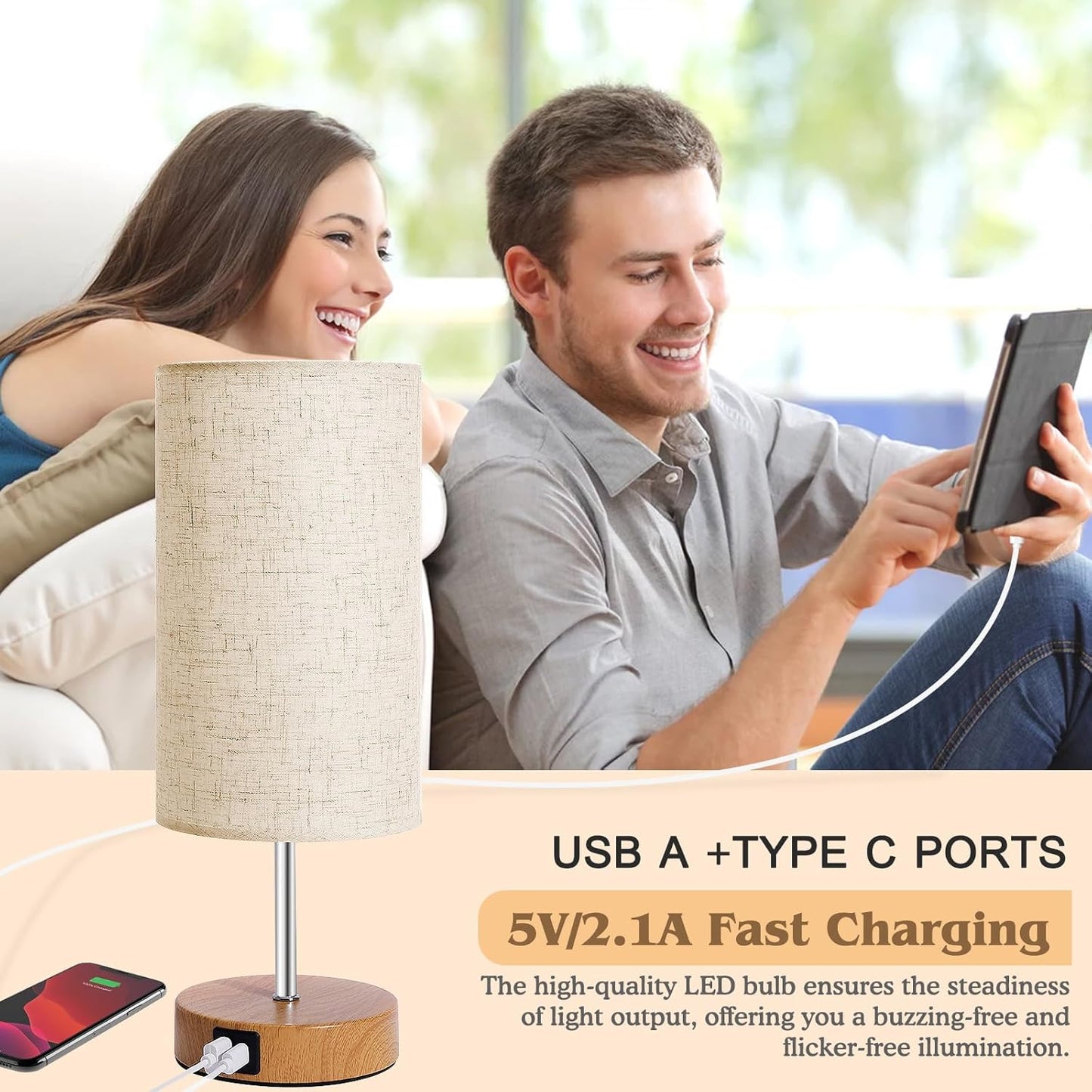 Bedside Table Lamp for Bedroom - 4 Way Dimmable Touch Lamp with USB and Type-C Charge Port, Small Wood Base Round Flaxen Fabric Shade Lamp Living Room,Bedroom Use(Yellow Color Base)