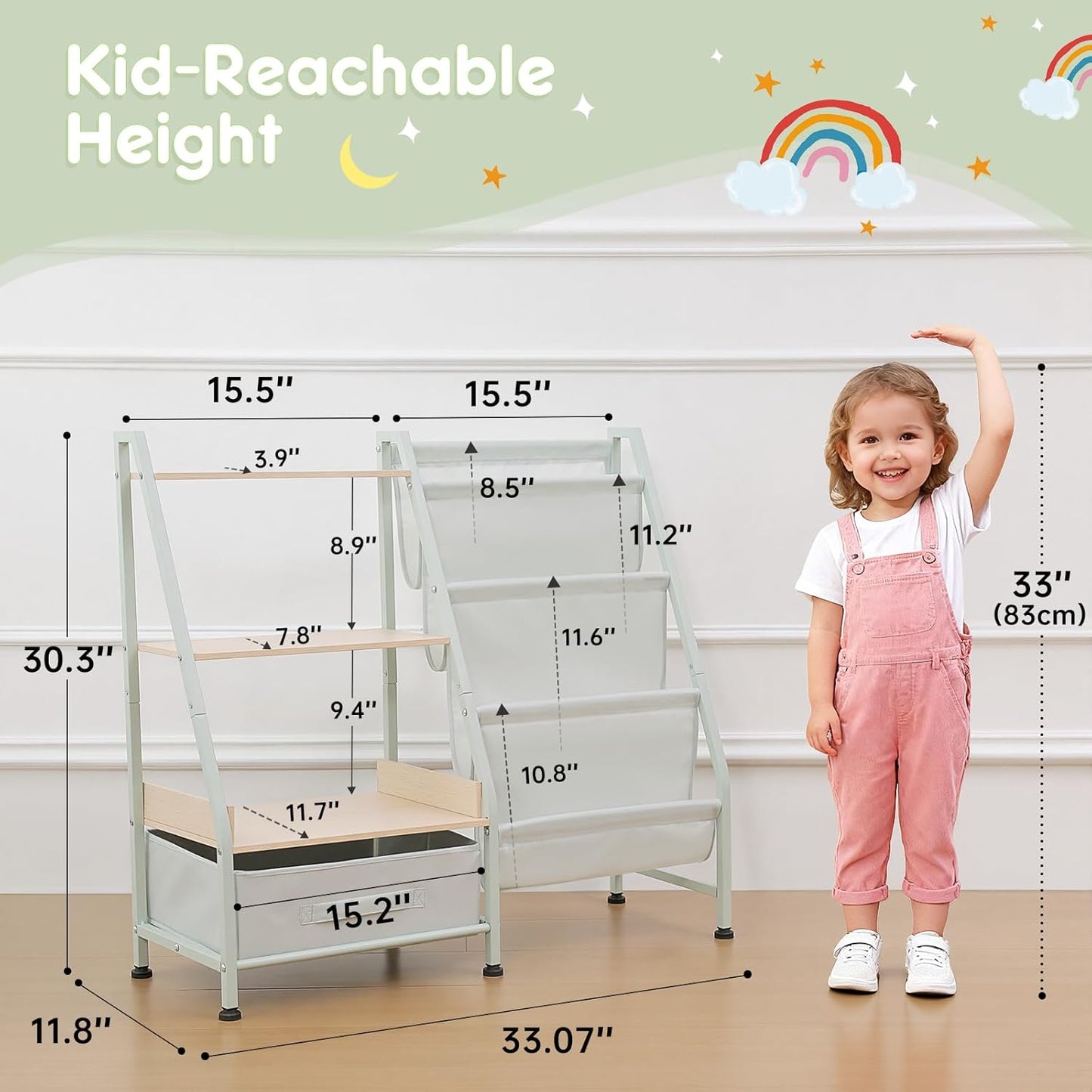 Fabuday Kids Bookshelf and Toy Storage Organizer - 4 Tiers Toddler Baby Sling Book Shelves for Kids Room, 3 Tier Montessori Childrens Bookcase for Nursery, Playroom, Classroom, Small Spaces