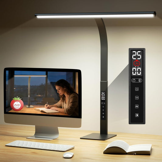 LED Desk Lamp for Office Home: Pomodoro Timer Table Light with Base 1600 Lumen Bright - 5 Color Stepless Dimming for Reading Study Drafting