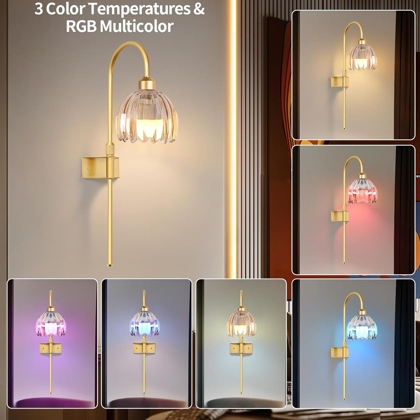 Vintage Battery Operated Wall Sconces Set of Two, Flower Wireless Rechargeable Battery Powered Wall Lights Lamp with Remote Control & Green Glass Lampshade,Gold Wall Sconces for Bedroom Living Room