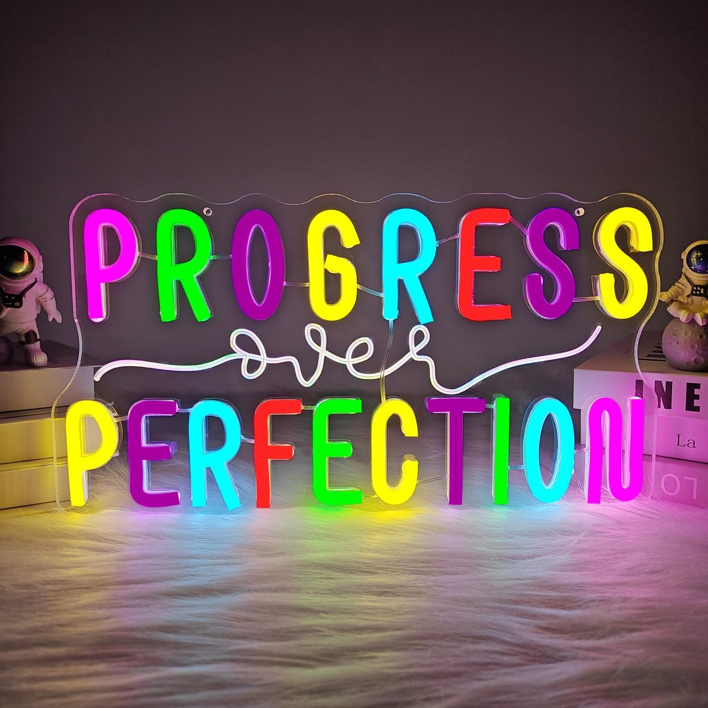 Progress Over Perfection Neon Sign Dimmable Classroom Wall Decor Led Progress Over Perfection Wall Art Neon Light, Kids Motivational Neon Sign for Classroom, Bedroom, Inspirational Wall Decoration Gift